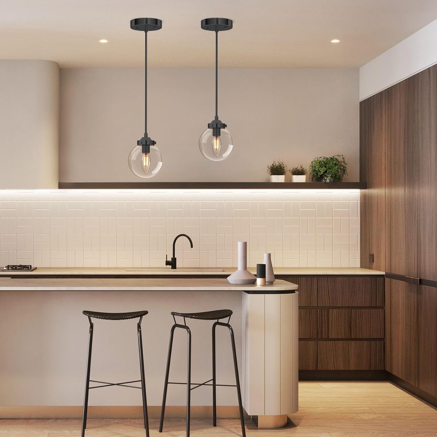 Modern Black Farmhouse Clear Glass Globe Pendant Light Fixture,Globe Island Lights for Kitchen,Mini Pendant Lighting for Kitchen Island Decor - 5.12 Inch Shade, 2-47 Inch Cord(Black, 2 Pack)