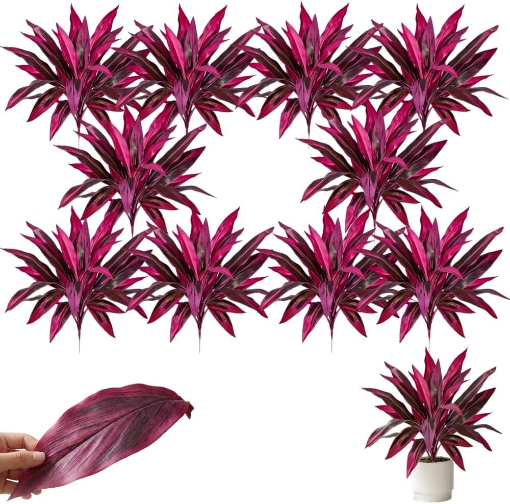 2PCS Large Realistic Artificial Boston Fern & Dragon's Blood Tree Plants | Vibrant Pink Purple Faux Foliage UV Resistant Outdoor Realistic Plastic Leaves Shrubs, Artificial Ti Plant (10pcs)