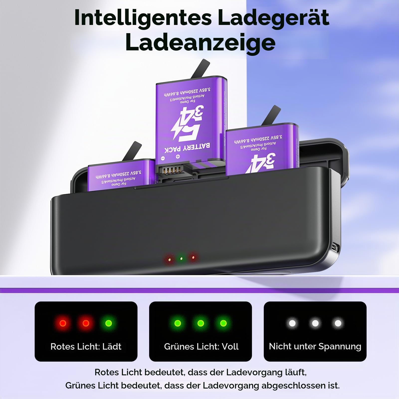 Osmo 360/Action 6/5 Pro/4/3 Akkus 2250mAh Mit ladegerät für -DJI Osmo 360 / Action 6 / Action 5 Pro/Action 4 / Action 3, Mit Typ-C-Kabel, TF-Karten-Speicherplatz (2*Akkus+1*Ladegerat)