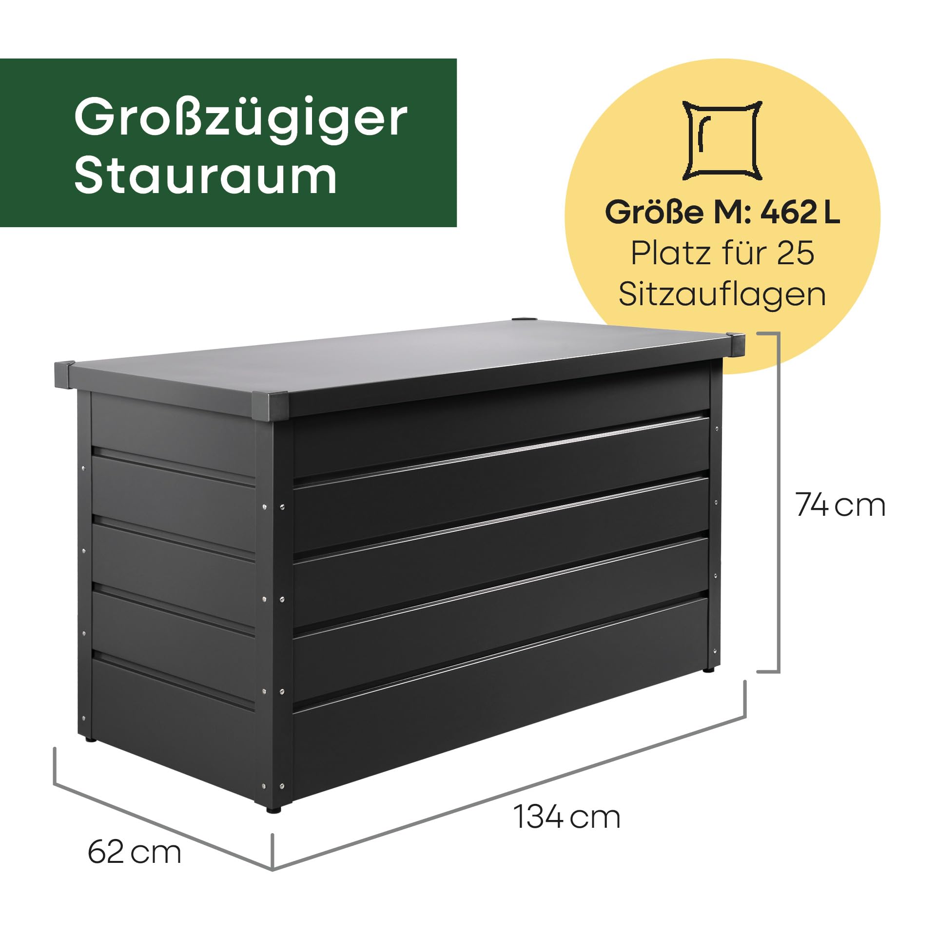 Sunny Garden Premium Gartenbox | 134L x 62B x 74H | 462 Liter | Größe M | Auflagenbox wasserdicht | Kissenbox Outdoor | Aufbewahrungsbox Garten | aus Metall | Anthrazit | Deckel mit Gasdruckfeder
