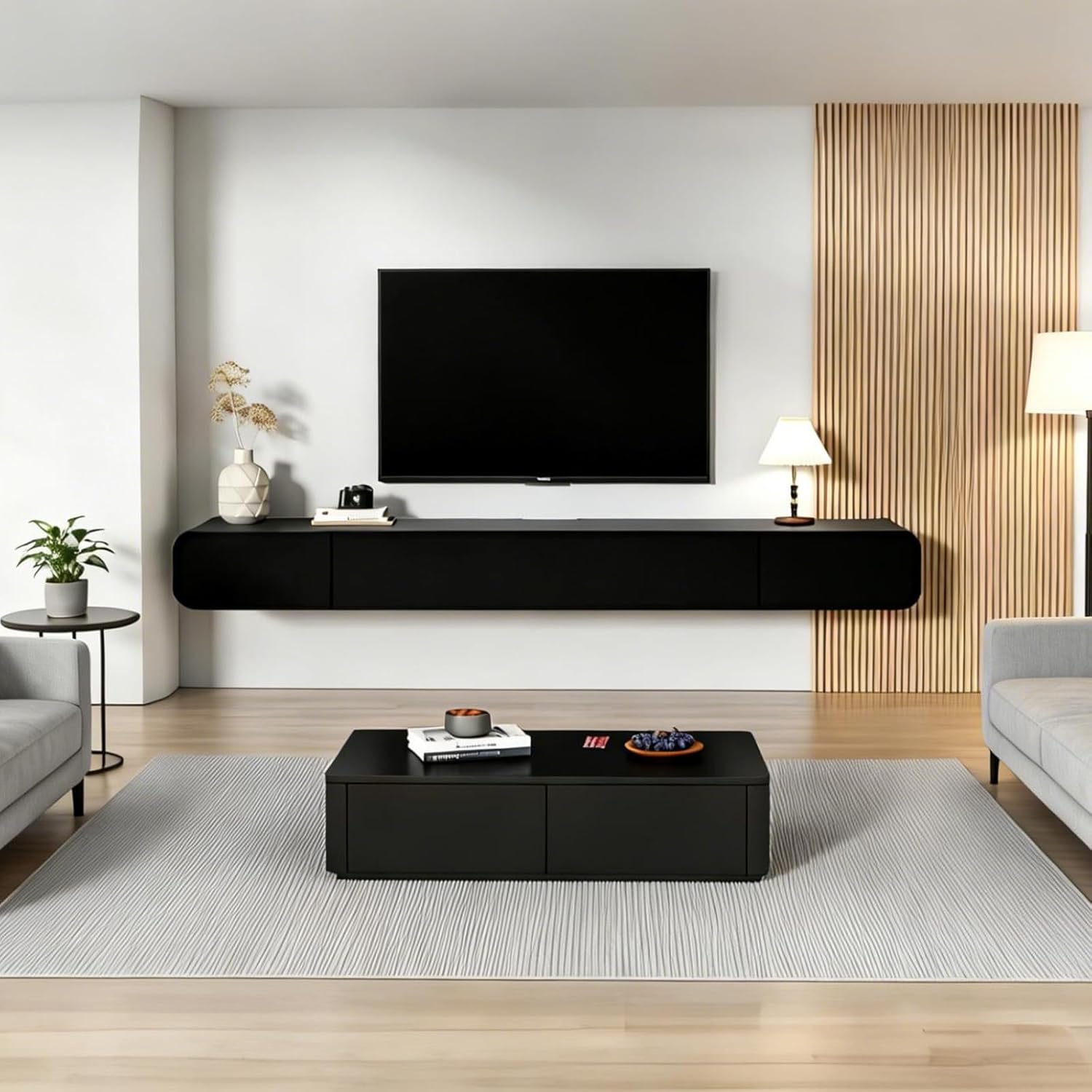 FPIGSHS Wall Mounted Media Console with 2 Drawers Solid Wood Floating TV Stand Hanging TV Shelf Entertainment Center TV Cabinet, for Home Office (A, 220cm/86.6in)