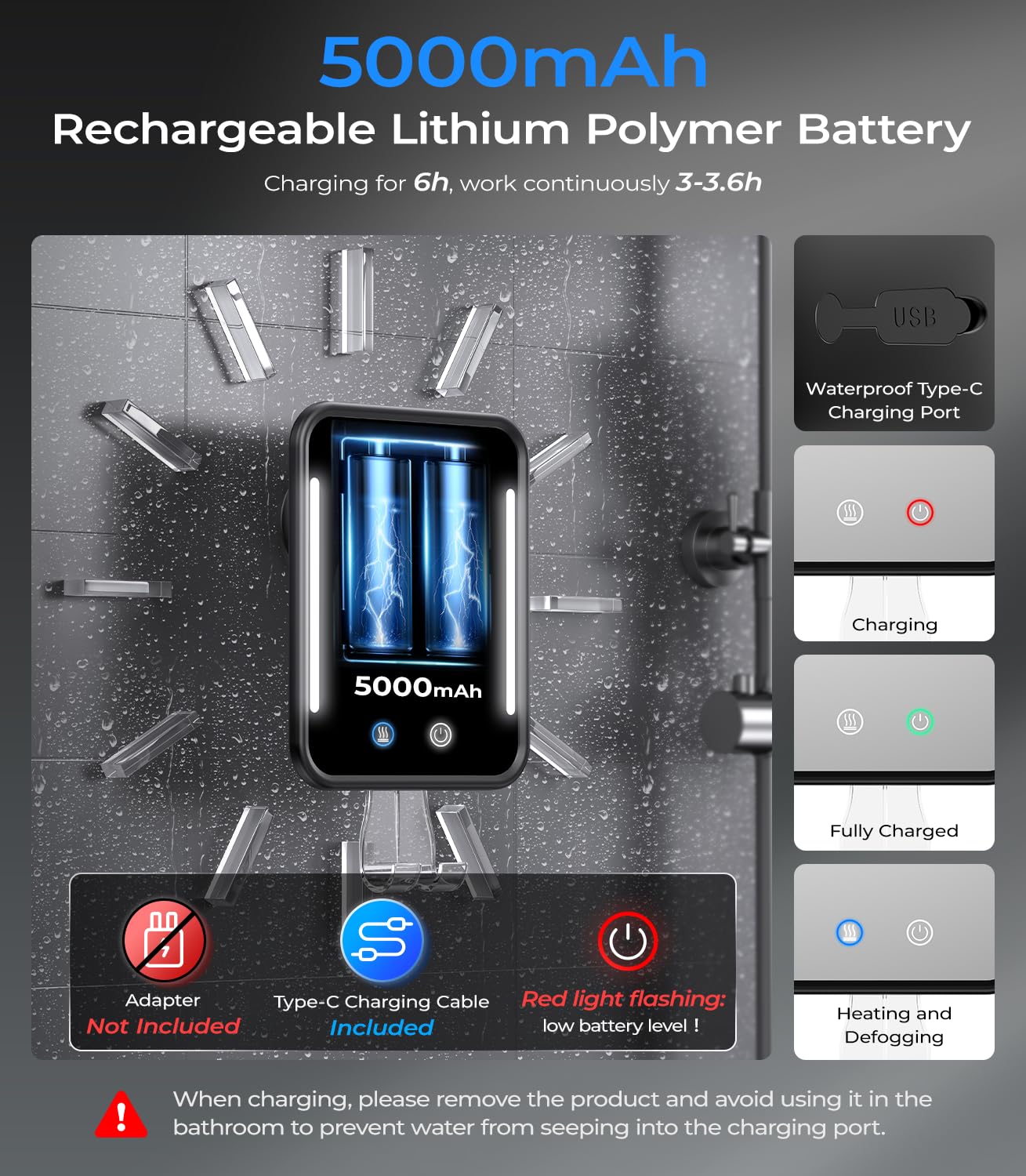 Gospire Beheizter Duschspiegel Fogless für die Rasur, 5000mAh Wiederaufladbarer Beleuchteter Dusch-Rasierspiegel mit Rasiermesserhalter, Abnehmbar & NO-Drilling, Badspiegel mit Saugnapf (Schwarz)
