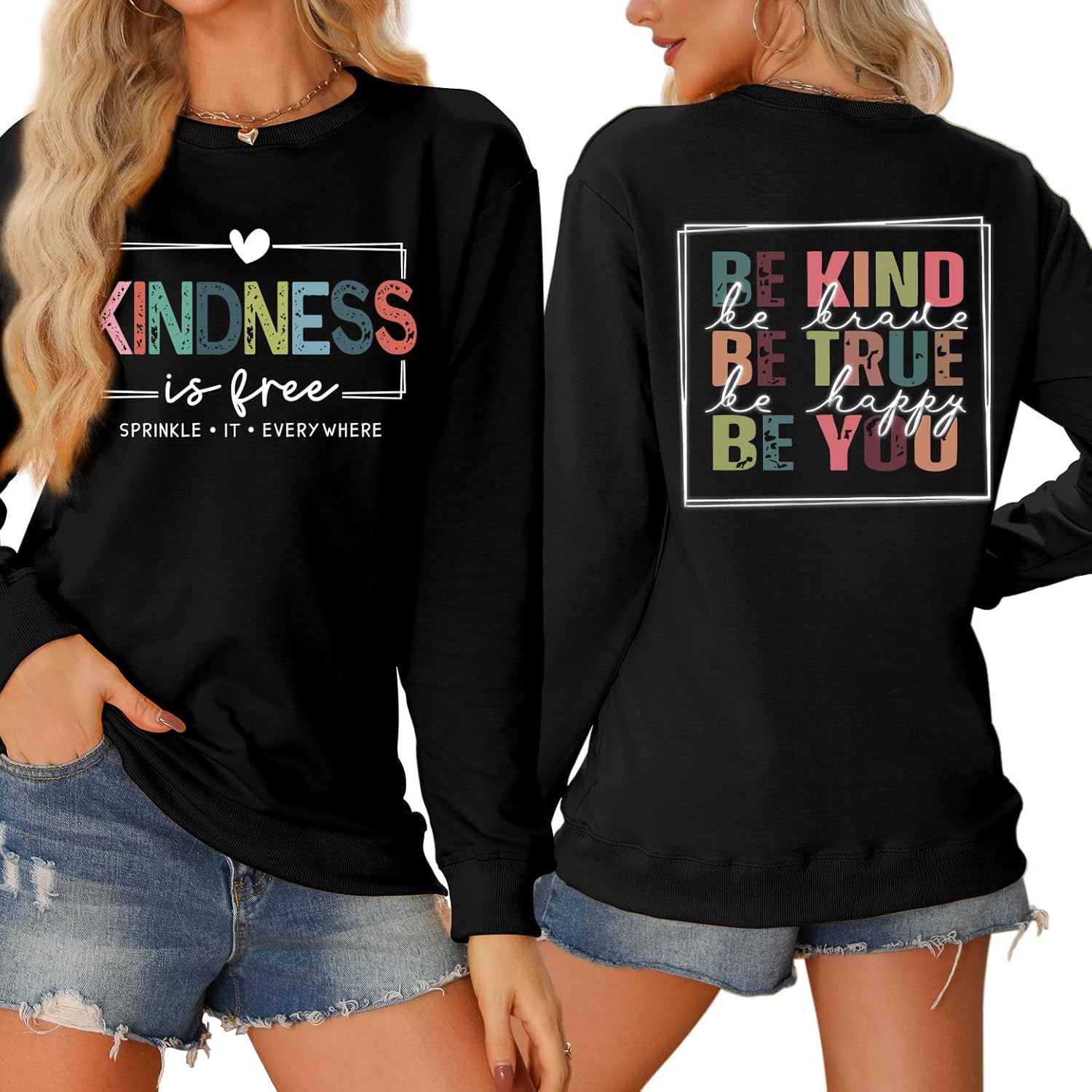 Kindness is Free Sweatshirt Womens Be Kind Brave Happy Graphic Long Sleeve Shirt Crewneck Tops for Teacher Sweatshirt - Image 2