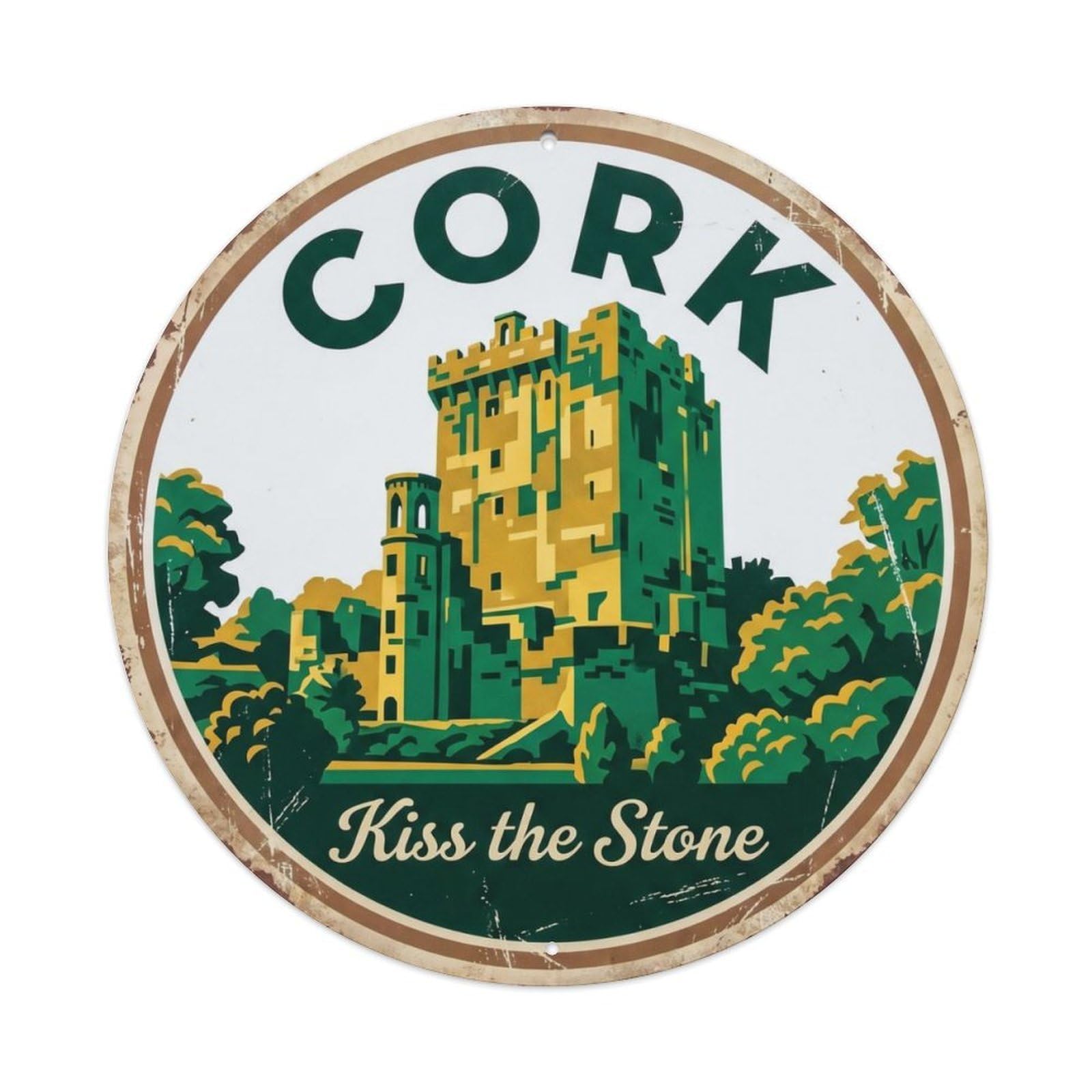 Vintage Travel Castle Cork Ireland Metal Tin Sign Plaque Wall Decor for Cafe, Club Bar, Office, Home Garden Round Metal Poster 8x8Inch