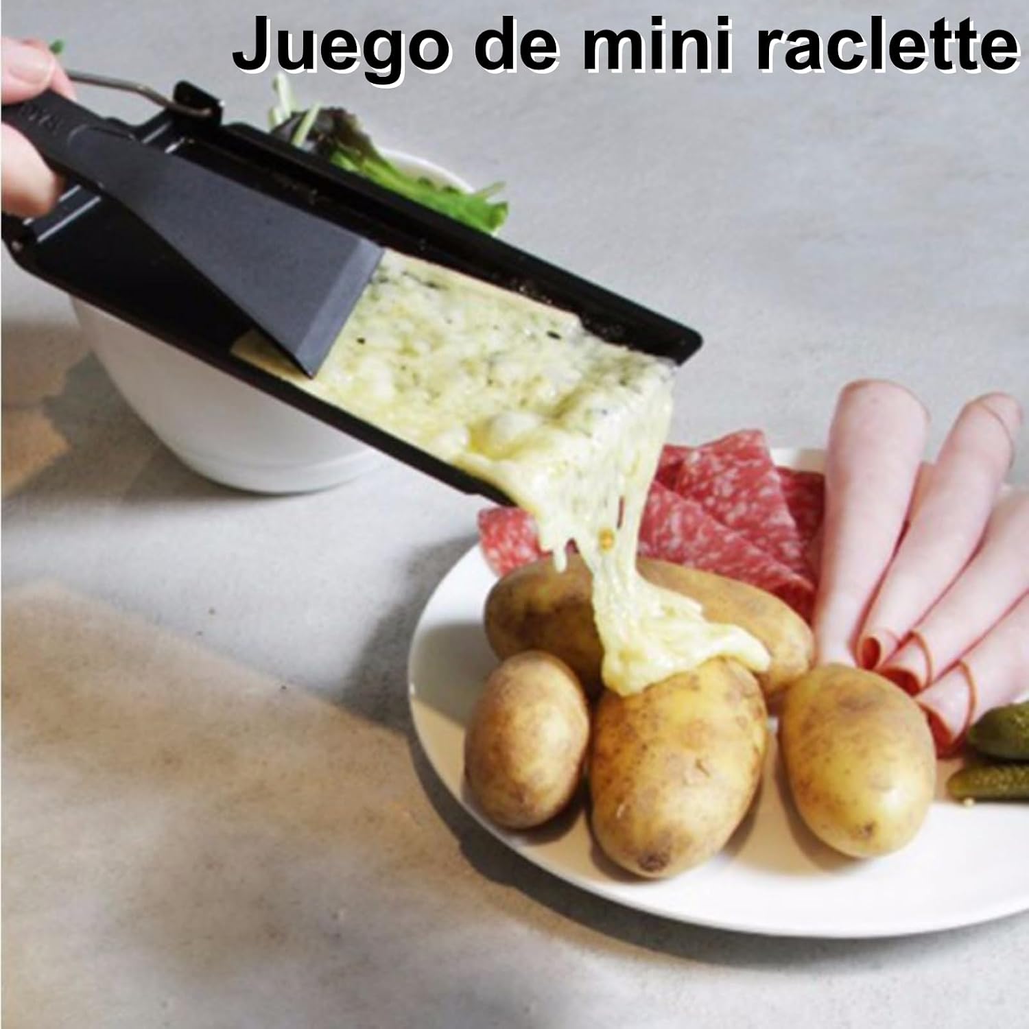 Cheese Raclette, Foldable Candlelight Cheese Melter Pan Non-Stick Tea Light Raclette Roaster Pan with Spatula and Wood Handle, Black