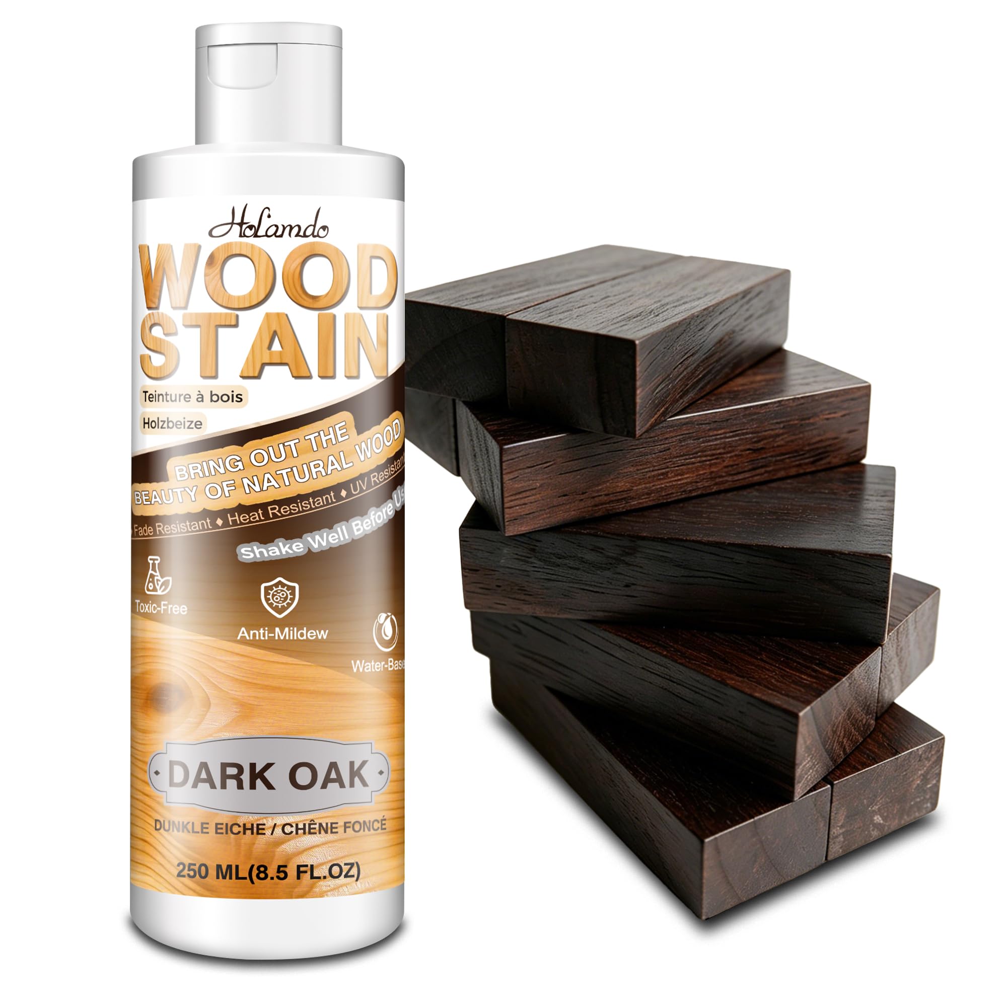 Water Based Wood Stain 250ml, Dark Oak – Indoor Outdoor Furniture Stain & Wood Varnish for Doors, Windows, Paneling & Cabinets, Low Odor Non-Toxic, Fade Resistant, Multiple Finishes