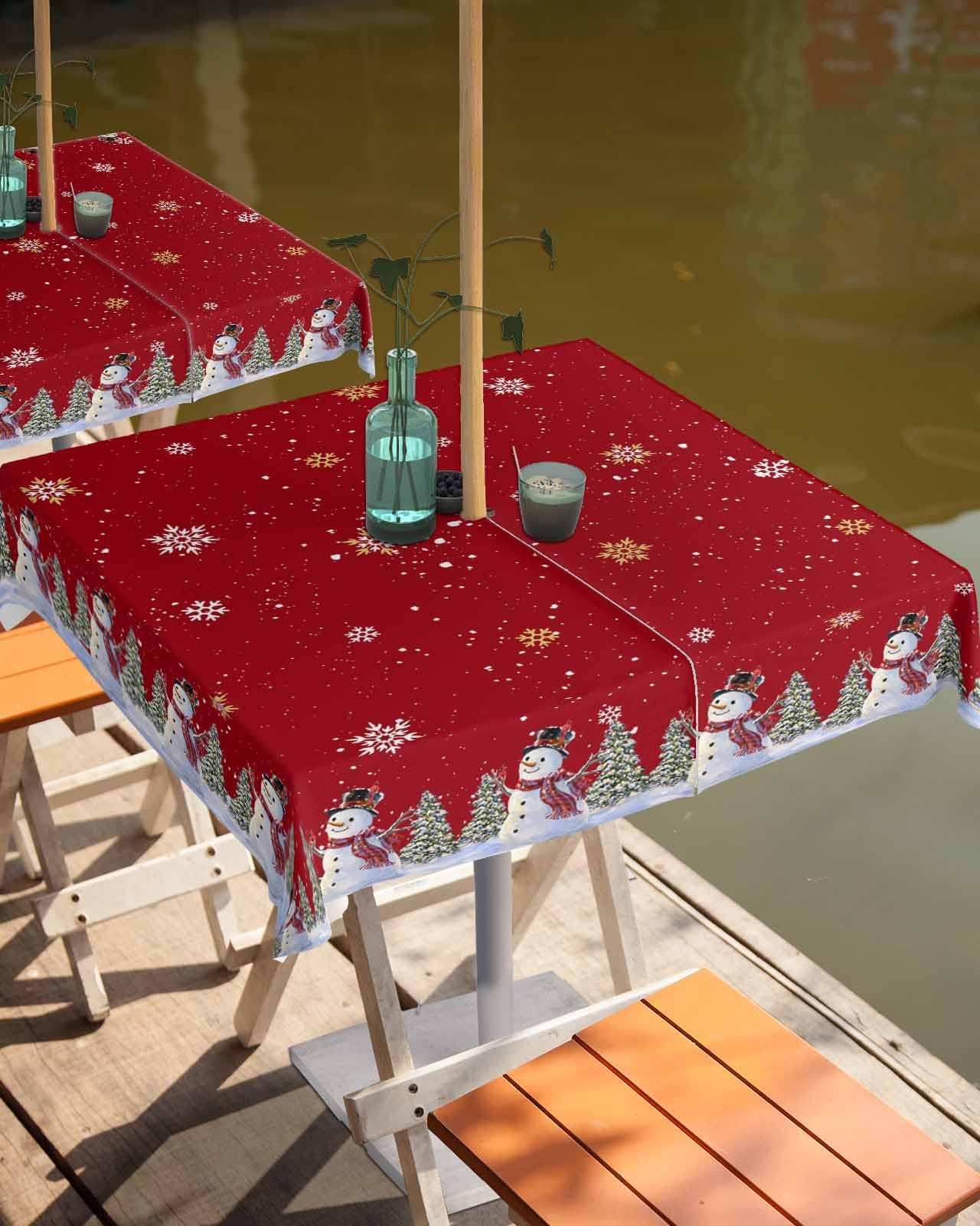 Christmas Snowman Outdoor Tablecloths with Umbrella Hole and Zipper, Red Xmas Gold Snowflake Tree Waterproof/Stain Resistant Square Table Cloth 54x54 Patio Table Cover for Picnic/Party Baby Shower