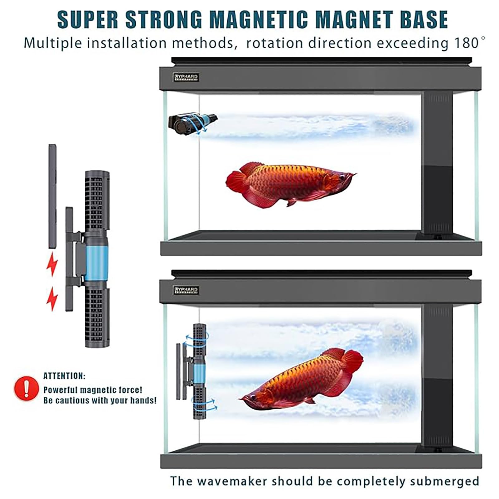 Máquina de ondas de acuario, cabezal de potencia giratorio de 24 V CC con controlador digital, soporte magnético para circulación de agua en peceras