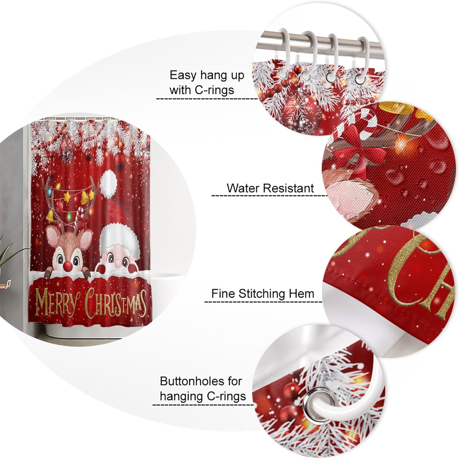 Red Christmas Santa Elk Shower Curtains Set - Standard 72 x 72 In, Xmas Balls Shower Curtain Waterproof, Snowflake Polyester Fabric Bathroom Curtain with 12 Hooks, Bathroom Accessories, 1 Panel