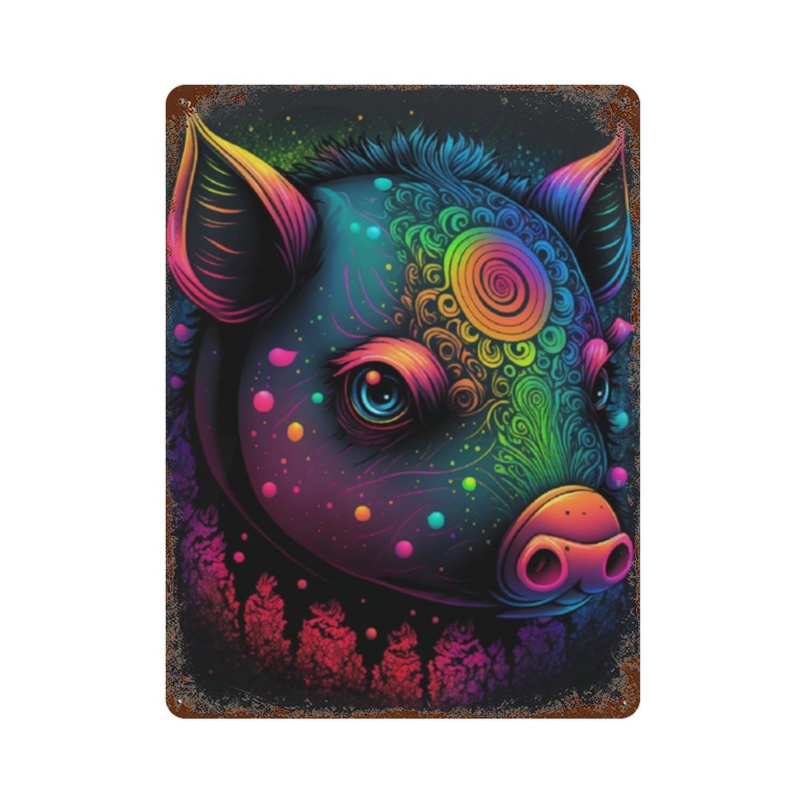 Colorful Pig Art Print-2 15.7"x11.8" Distressed Metal Wall Sign, Shabby Chic Decor for Shed, Workshop And Garage Wall Decor