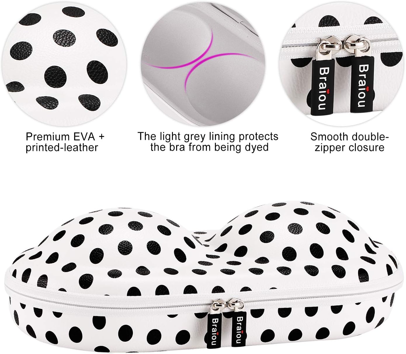 Bra Case Premium Lingerie Travel Bag Zip Underwear Organizer Bag for A-C Cup (Black Dot)
