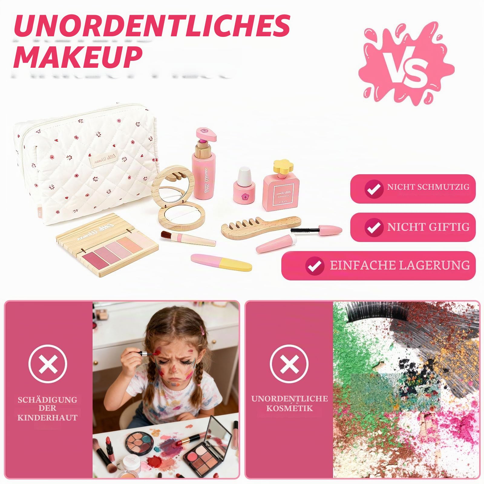 Holz Kinderschminke Set für Mädchen, 15-teiliges Kinder Schminkset aus Holz, Kosmetik Makeup Spielzeug Rollenspiel Prinzessin Schminkkoffer Geschenk ab 3 Jahren