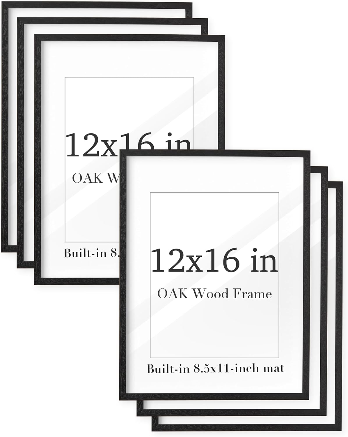 UPWOIGH 12x16 Black Color Oak Wood Picture Frame Set of 6,Display Pictures 8.5x11 with Mat or 12x16 Without Mat,12x16in Poster Frames 6 Pack, Natural Solid Wooden Frame for Wall Art Photo and Prints