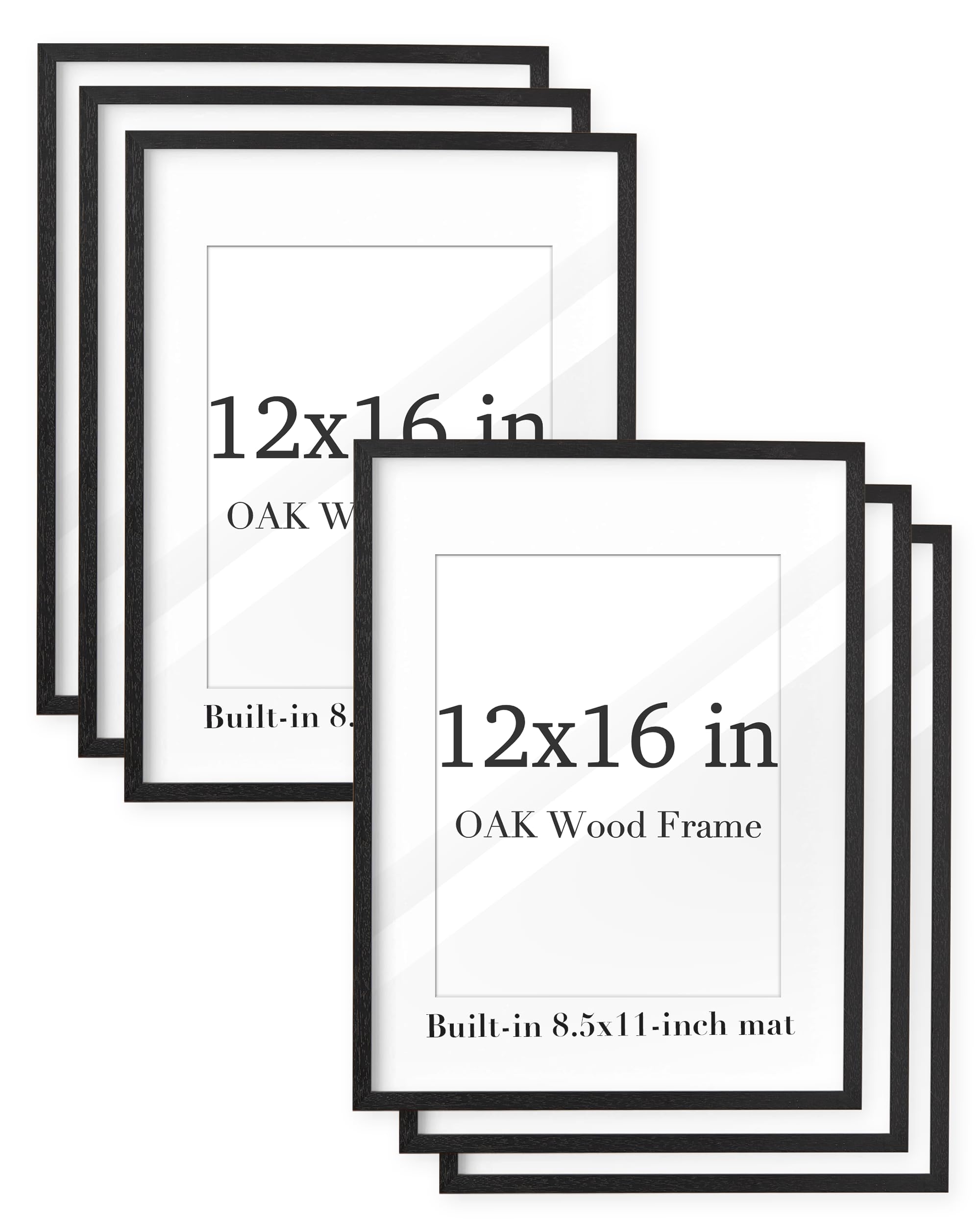 UPWOIGH 12x16 Black Color Oak Wood Picture Frame Set of 6,Display Pictures 8.5x11 with Mat or 12x16 Without Mat,12x16in Poster Frames 6 Pack, Natural Solid Wooden Frame for Wall Art Photo and Prints