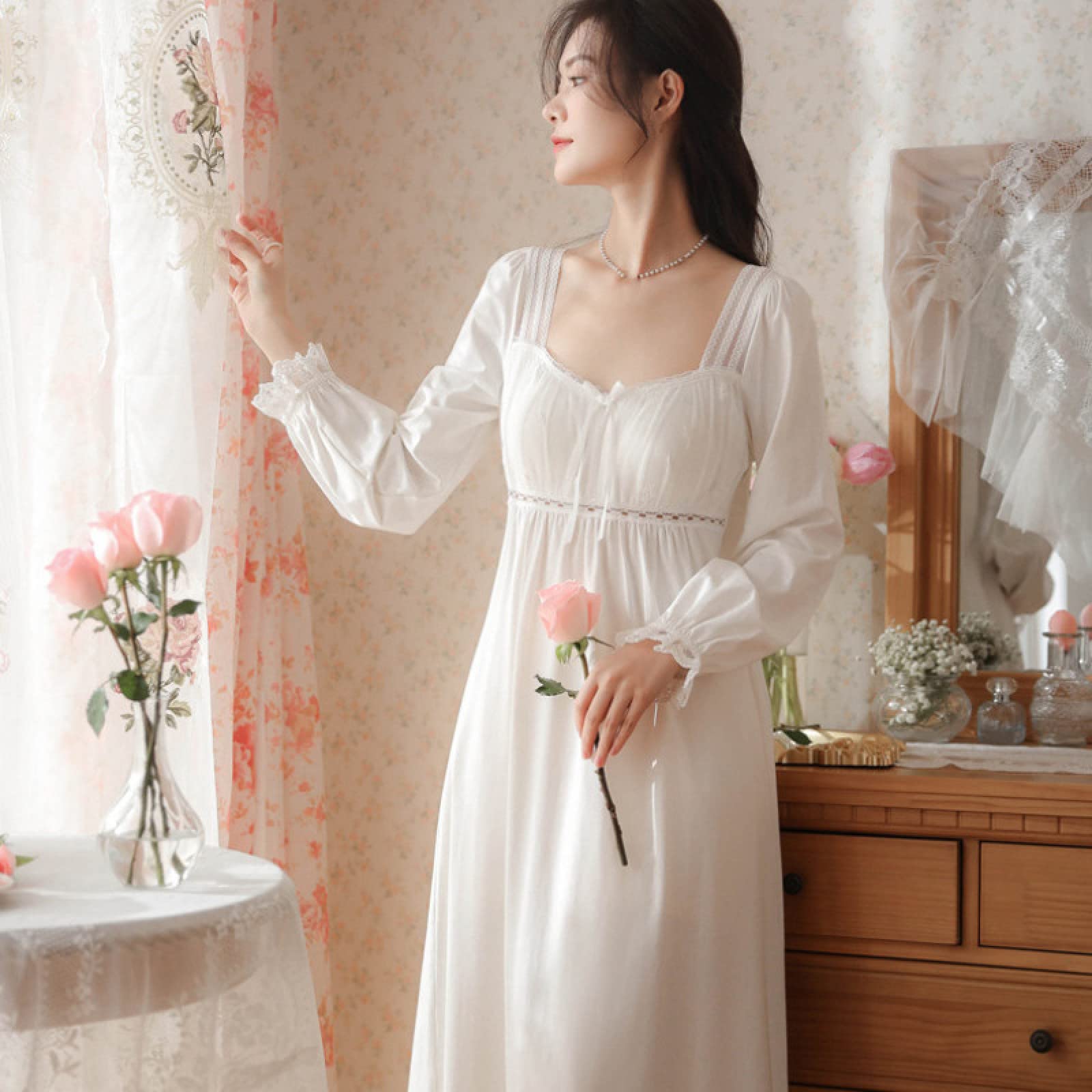 OFFSUM Camisón De Pijama De Mujer - Vestido Clásico De Algodón Primavera Verano Sexy Encaje Cuello Cuadrado Princesa Ropa De Dormir Vintage Elegante Lencería Camisón Ropa