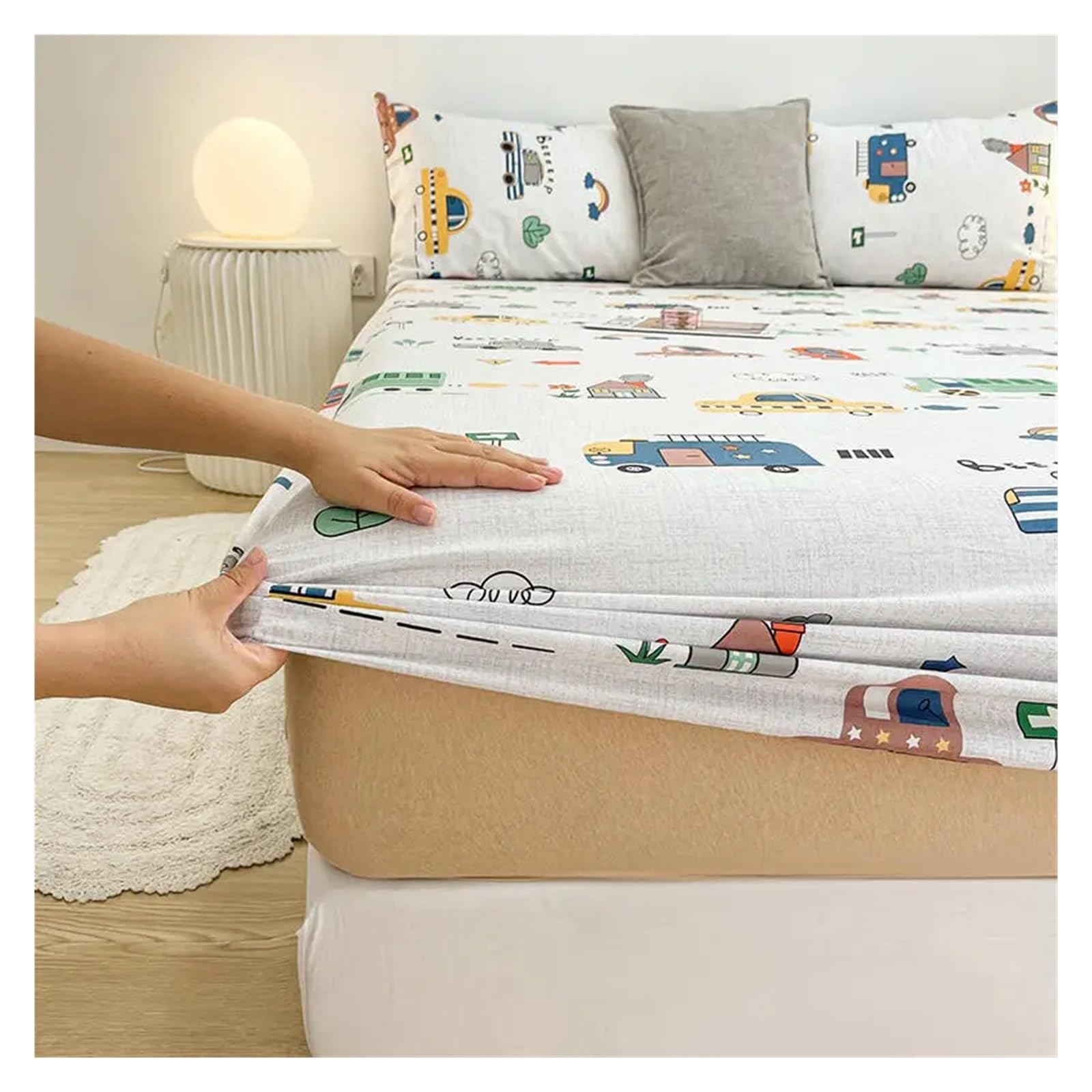 Printed Bed Sheets 1 Stück Spannbettlaken aus Reiner Baumwolle mit elastischem Cartoon-Autodruck-Abdeckungs-Unterlaken (ohne Kissenbezug)(Color 10,120x200x25cm)