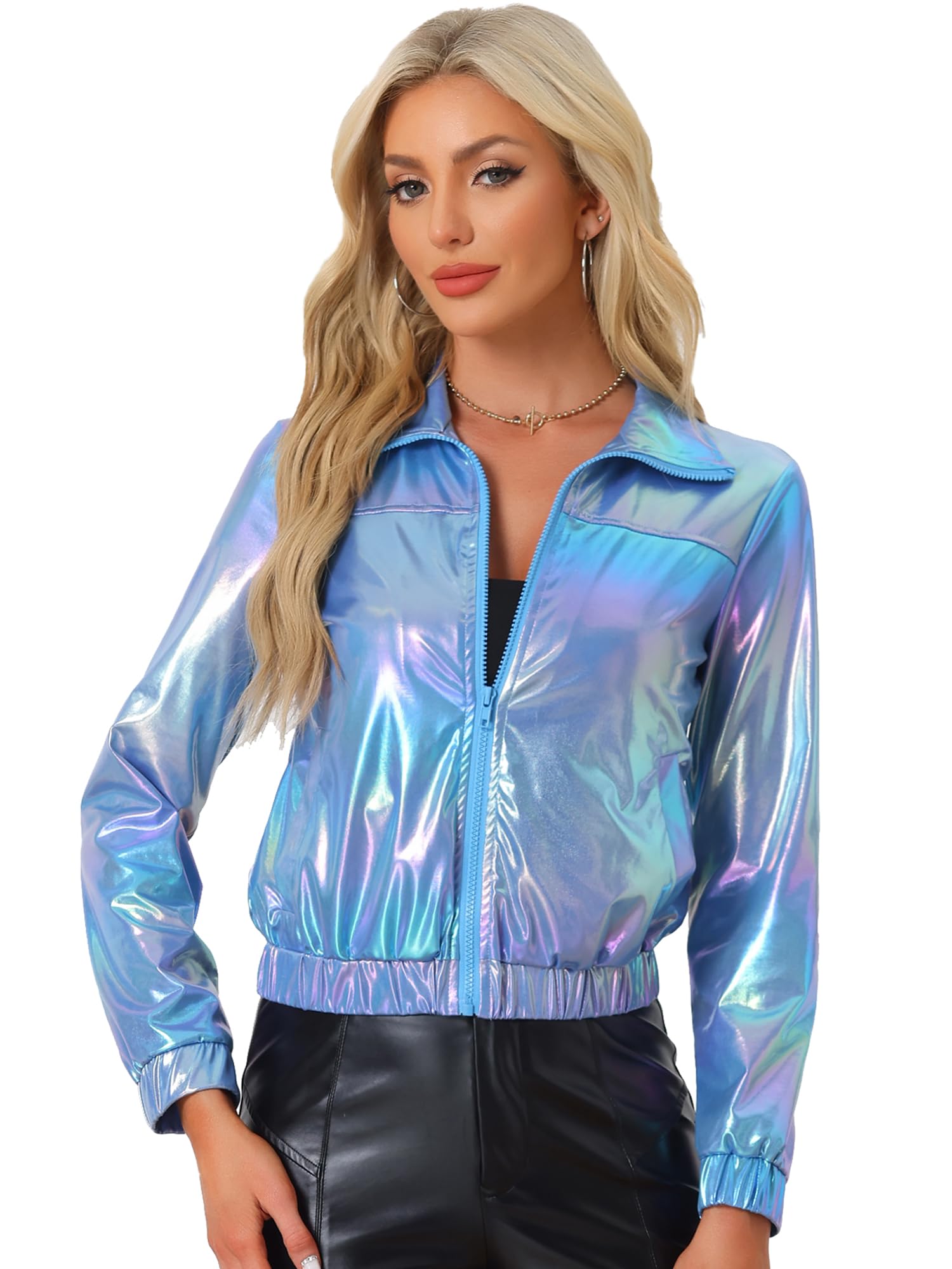 Allegra K Women's Metallic Jacket Holographic Shiny Long Sleeve