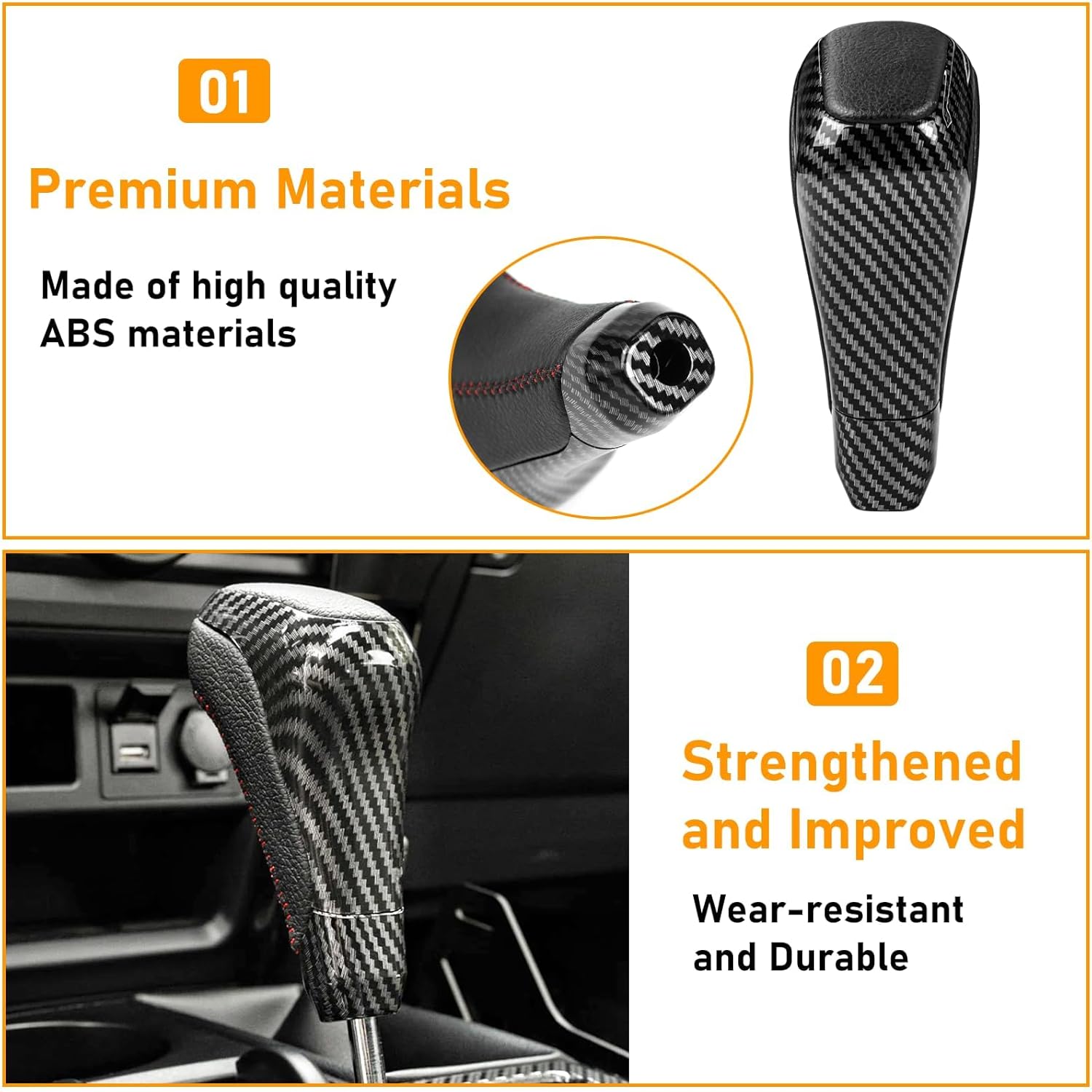 Automatic Gear Shift Konb Lever Compatible with Toyota 4Runner 2012-2023,Tundra TRD 2014-2021,Shifter Knob Replace for PTR57-34141,Carbon Fiber Pattern Plastic Leather W/Red Stitching,1PC