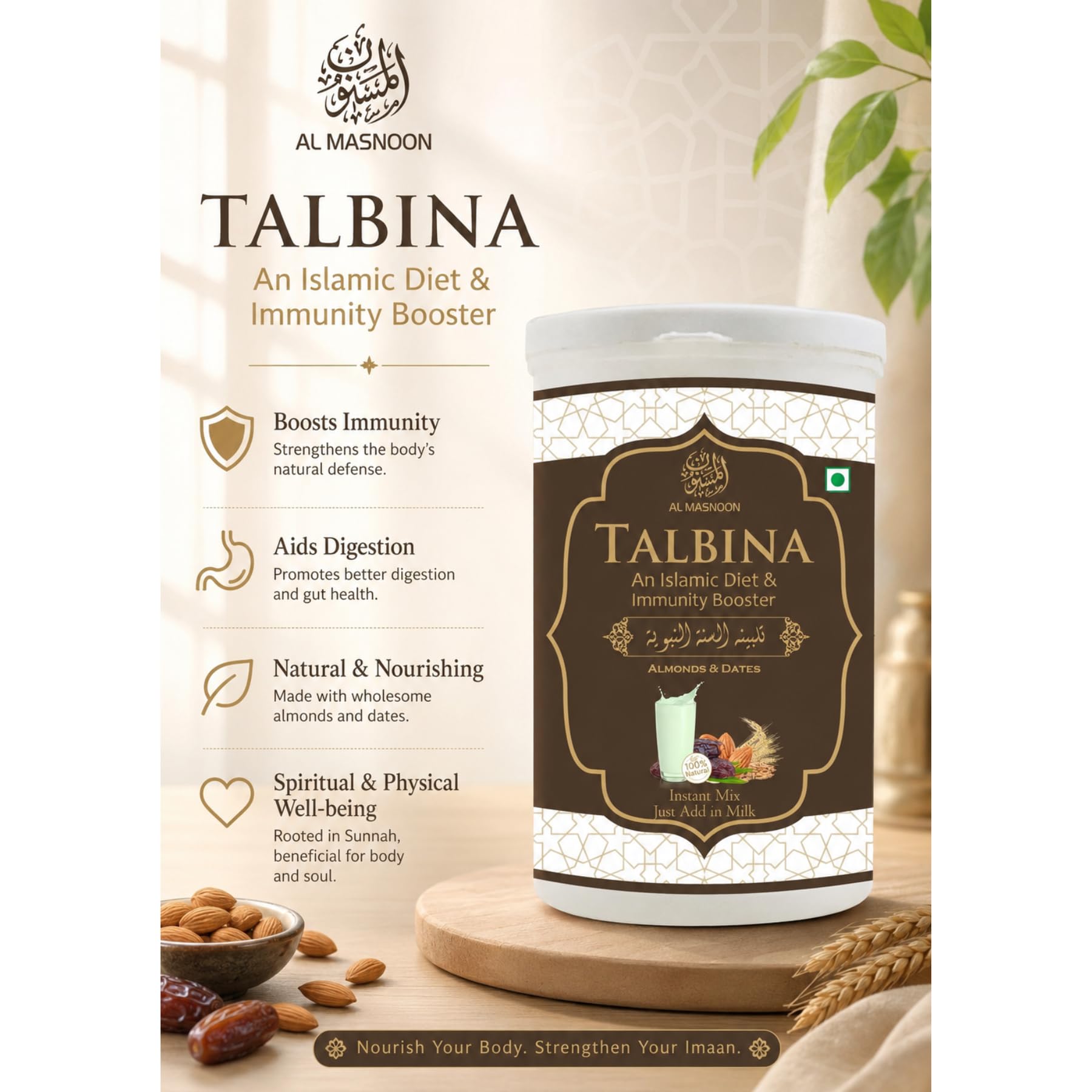 AL MASNOON Talbina Instant Mix with Almond & Dates 300g / An Immunity Booster/NO flavour & chemical added 4