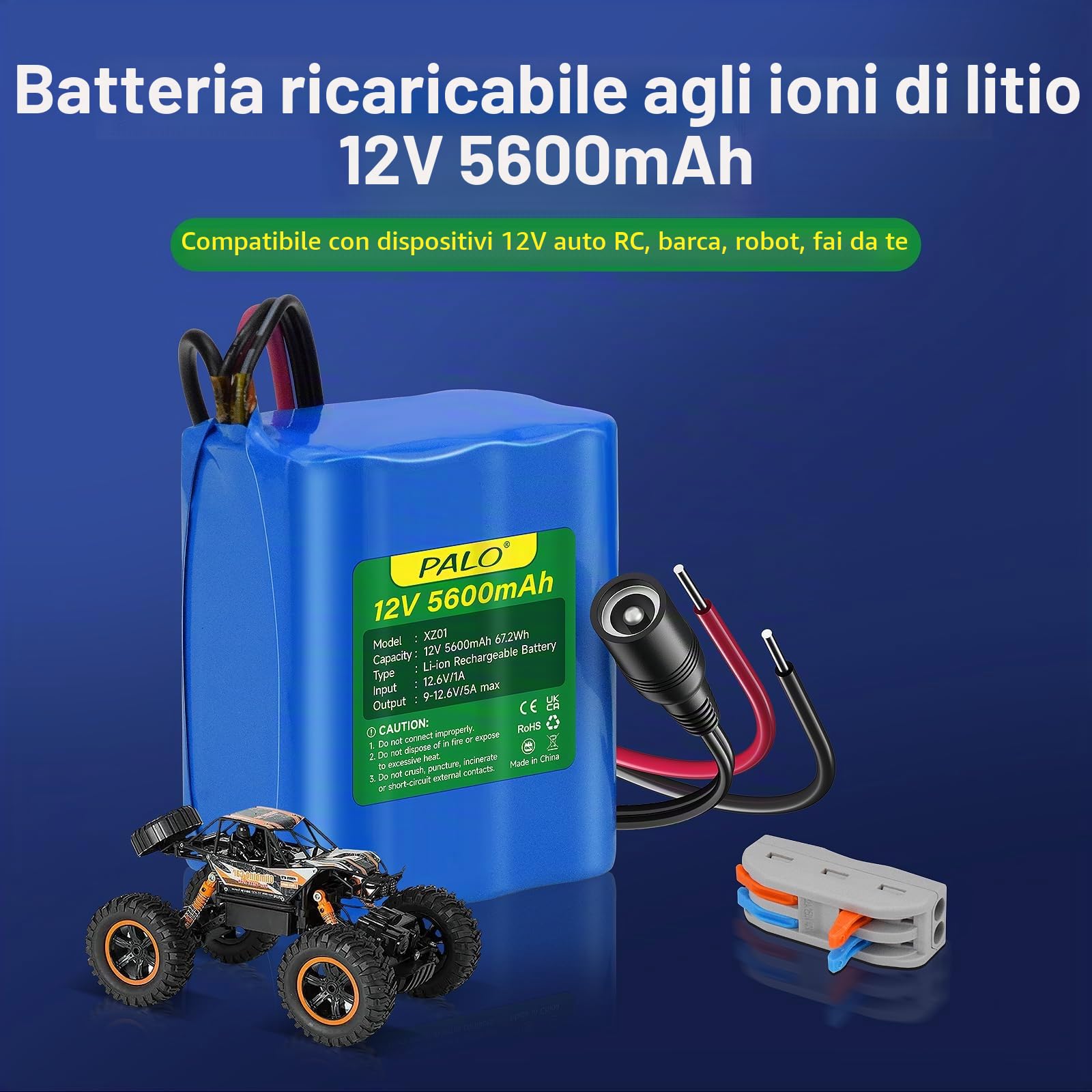 12V 5600mAh Batteria agli ioni di litio con caricabatterie e cavo di collegamento per radio, macchine fotografiche, videocamere, organo elettronico, lampada, telescopi, sonar