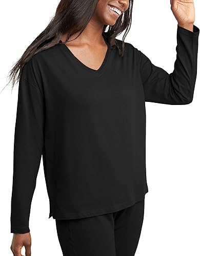 Hanes Camiseta de manga larga con cuello en V para mujer, camisetas de algodón para mujer, con borde sin rematar, cuello en V