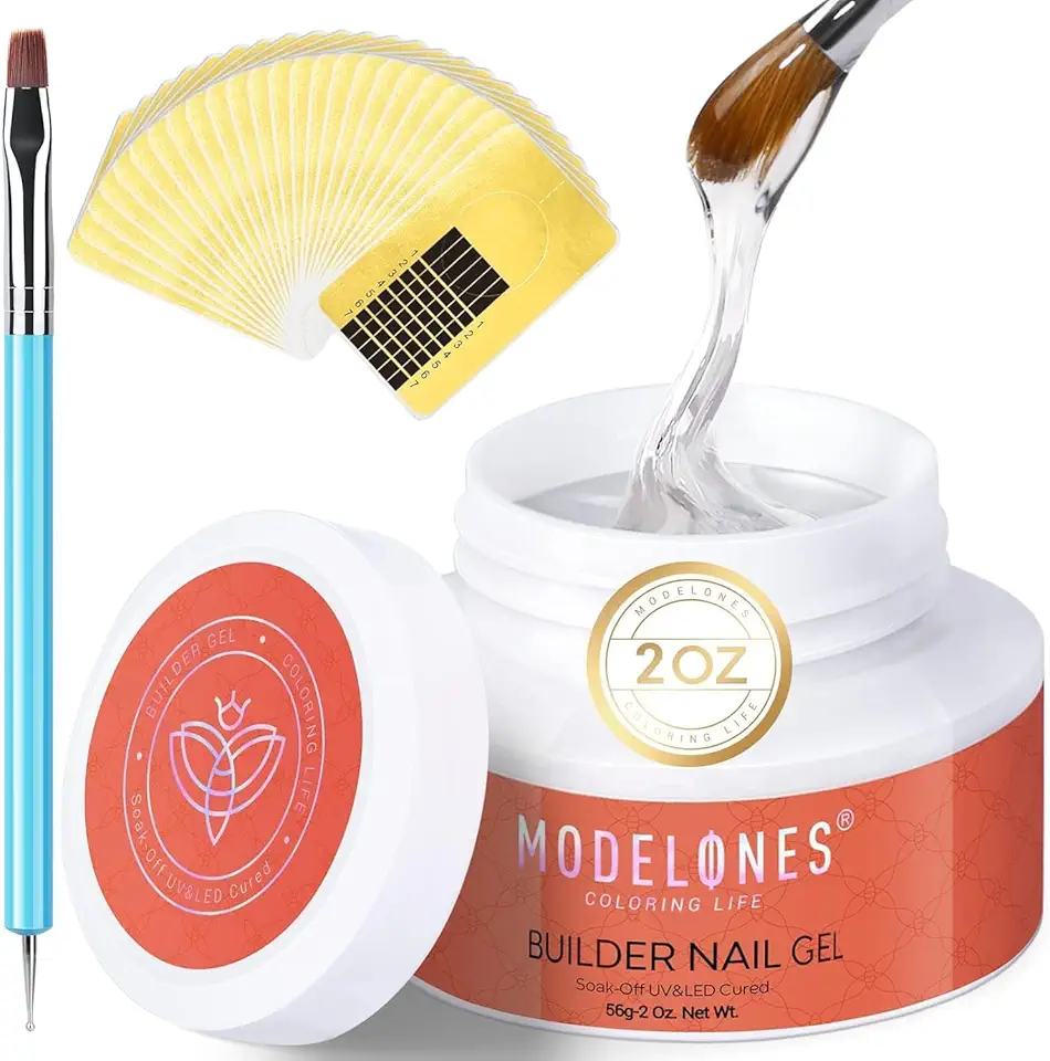 Modelones Kit de Gel para Unhas - Kit de Extensão de Unhas Transparentes e Rígidos de 59 ml. Inclui 100 tips de ponta dupla e um pincel acrílico, permitindo que você crie unhas com aparência profissional em casa com facilidade.