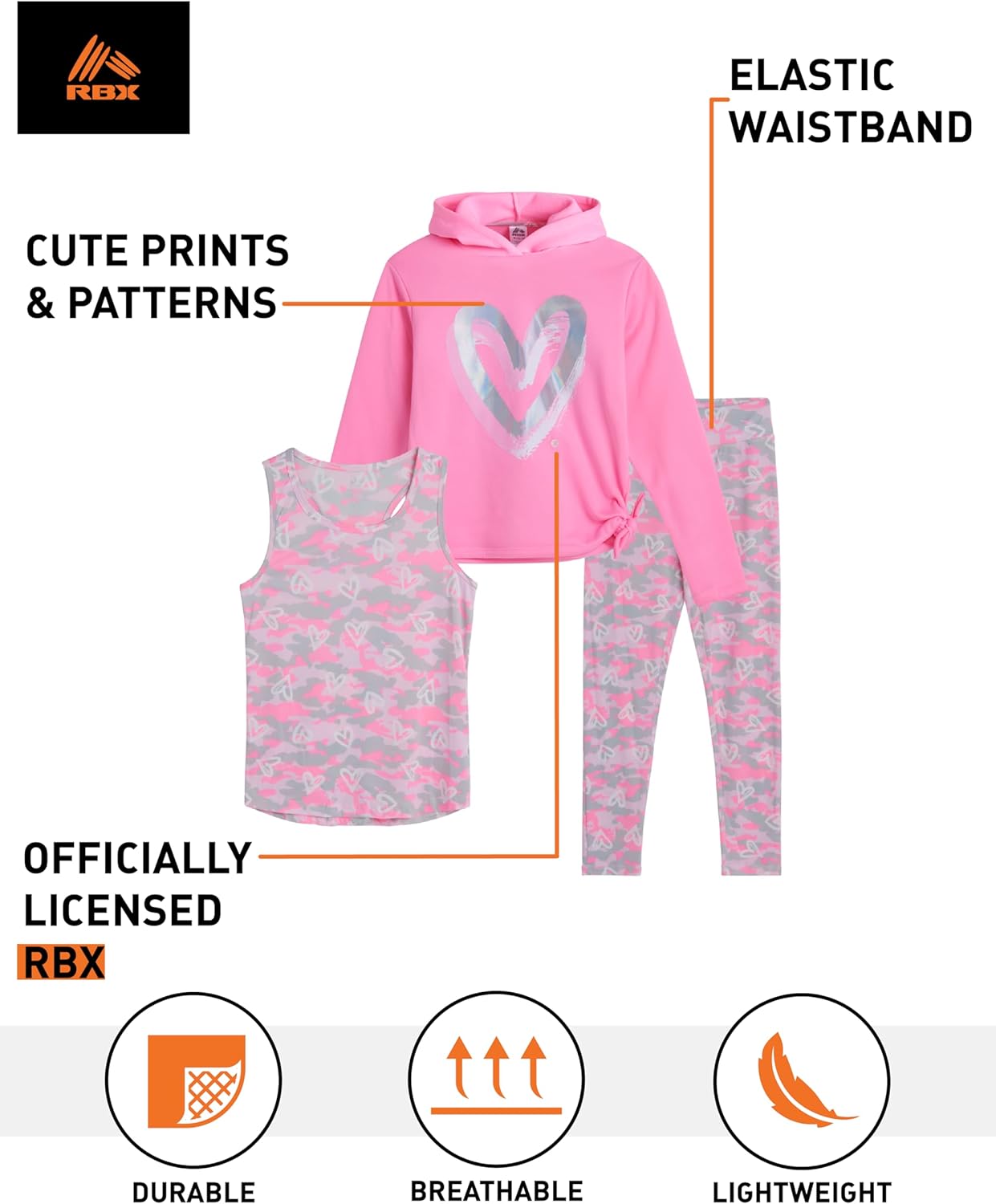 RBX Active Girls Pants Set - 3 Piece Fleece Graphic Hoodies Sweatshirt Tank Top and Girls Leggings Kids Clothing Sets (7-12) - Image 2