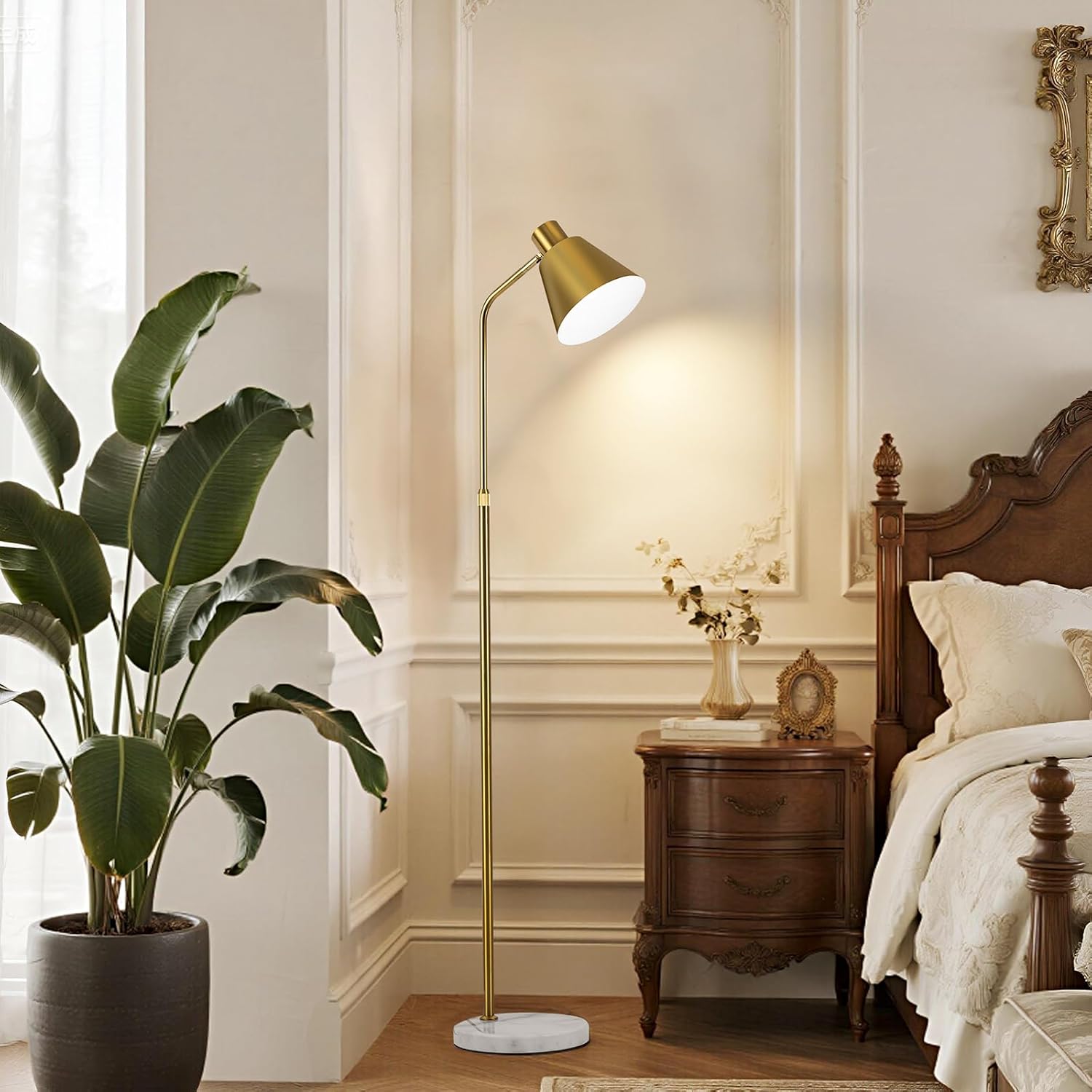 Modern Gold Reading Lamps Floor Standing, 12W Dimmable LED Vintage Brass Standing Lamp for Bedroom, Adjustable Heights Antique Brass Tall Floor Lamp, for Reading Home Corner Living Room