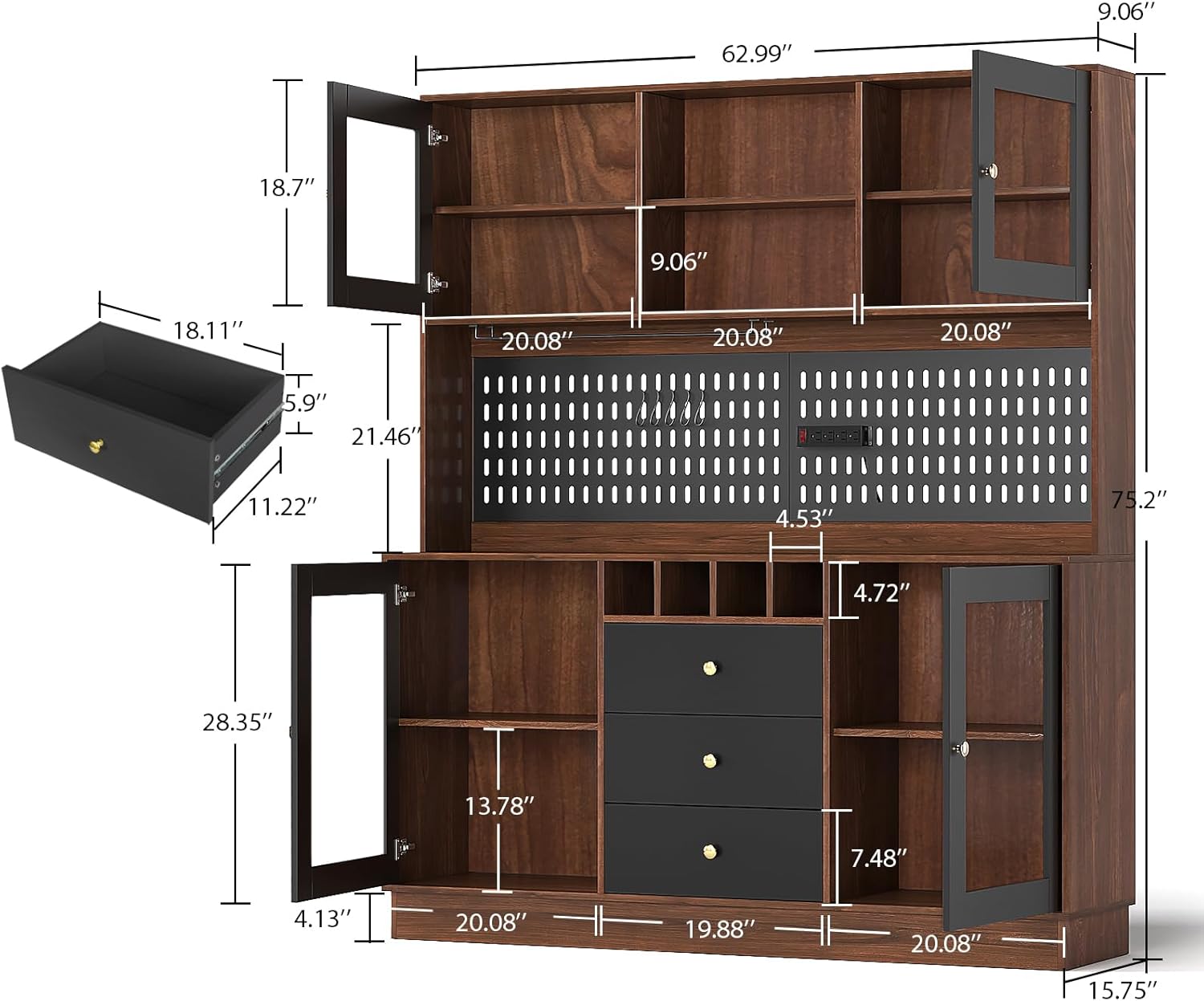 Detailed diagram showing the dimensions of the VOWNER Kitchen Hutch Cabinet and its individual components, including a drawer.