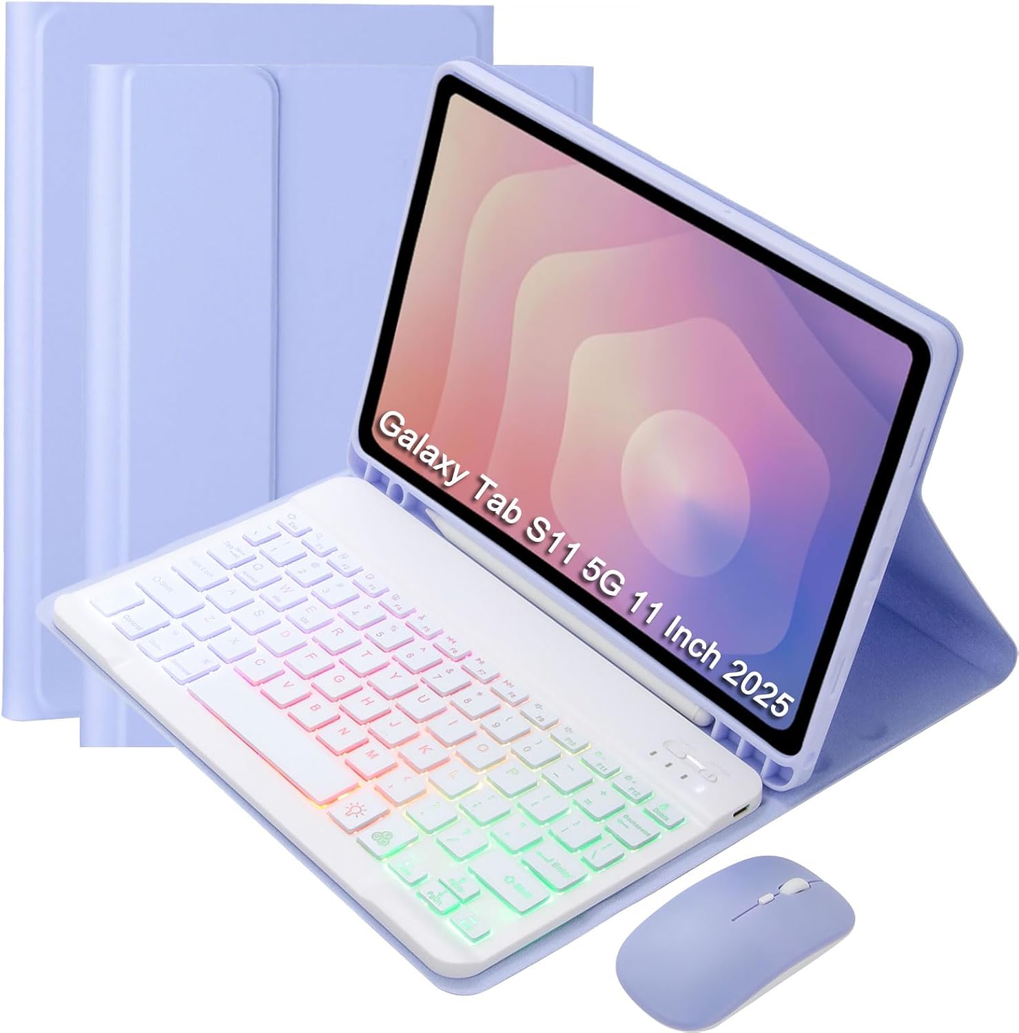 Keyboard Case for Samsung Galaxy Tab S11 11-Inch 2025, 7-Color RGB Backlit Detachable Wireless Keyboard & Mouse Combo – Protective Folio Cover with Pen Holder (SM-X730/SM-X736B) (Light Purple)