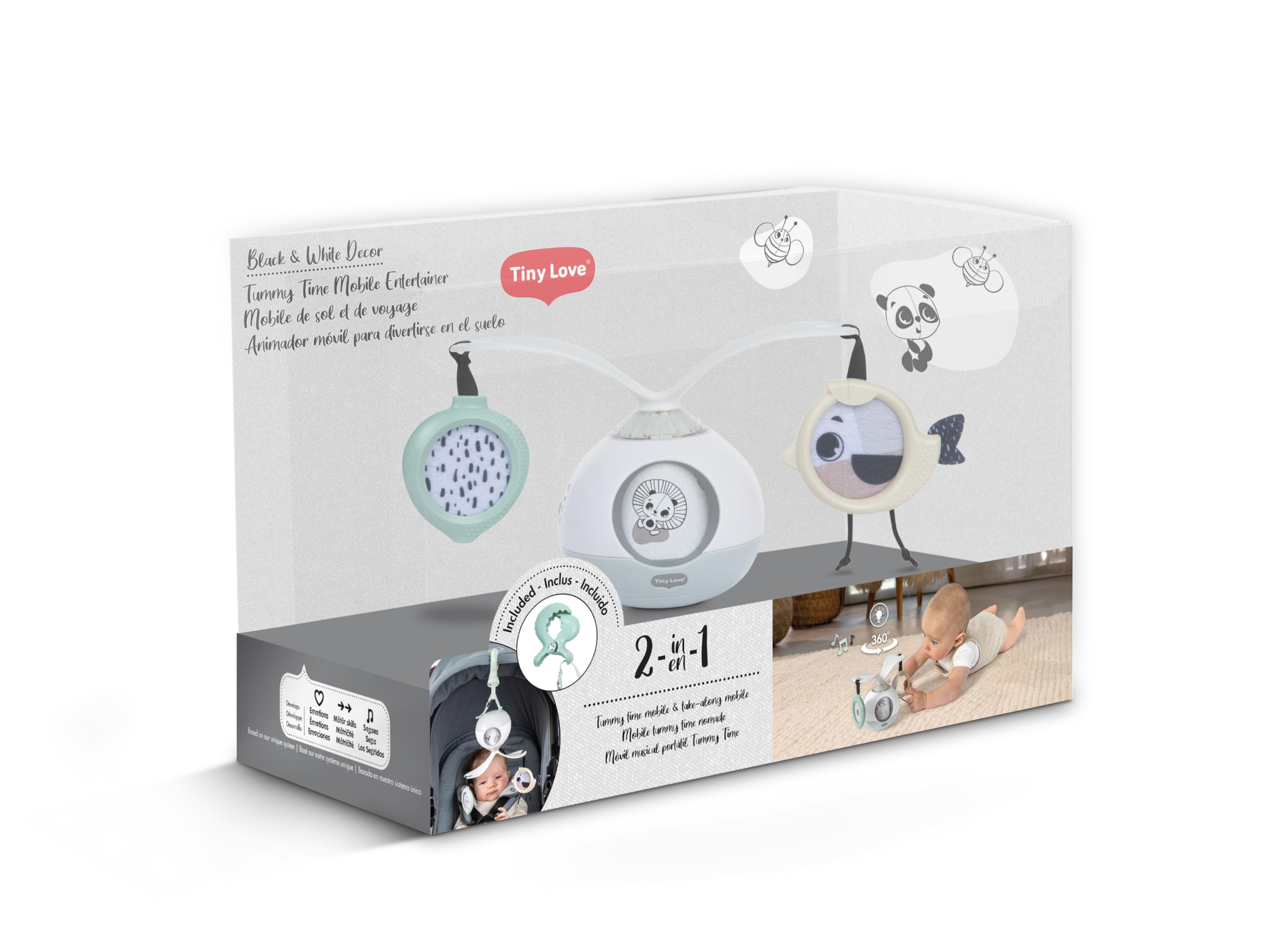 Tiny Love 2-in-1 Tummy Time Musical Mobile, Móvil musical 2 en 1 para el tiempo boca abajo, móvil giratorio de 360° con música y luces, 0 meses+, móvil portátil para carrito, Black & White Décor