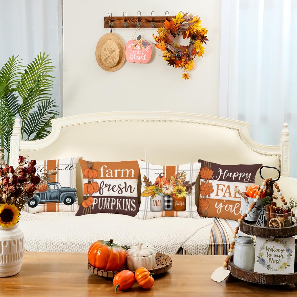 GEEORY Fall Pillow Covers 18 x 18 Inch Set of 4, Happy Fall Y'all Stripes Pumpkins Mason Jar Thankful Decor, Cushion Cases for Farmhouse Home Party Sofa Couch (Brown) G355-18