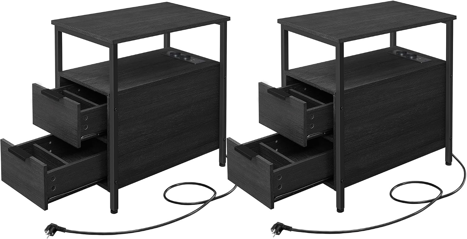 Beistelltische 2er-Set – Rund, Mit Schublade, Modern In Rustikalem Braun/Schwarz, 57,5x50x52,4 Cm