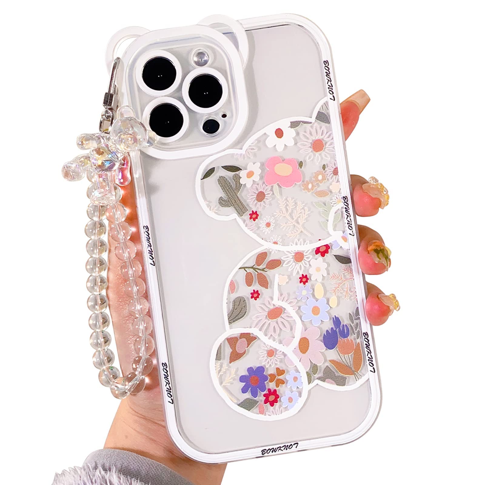 NITITOP Compatible for iPhone 14 Pro Max Case with Bear Ears Clear Cute Flower with Lovely Bracelet Chain Floral for Girls Women Soft TPU Shockproof Protective Girly-Bear