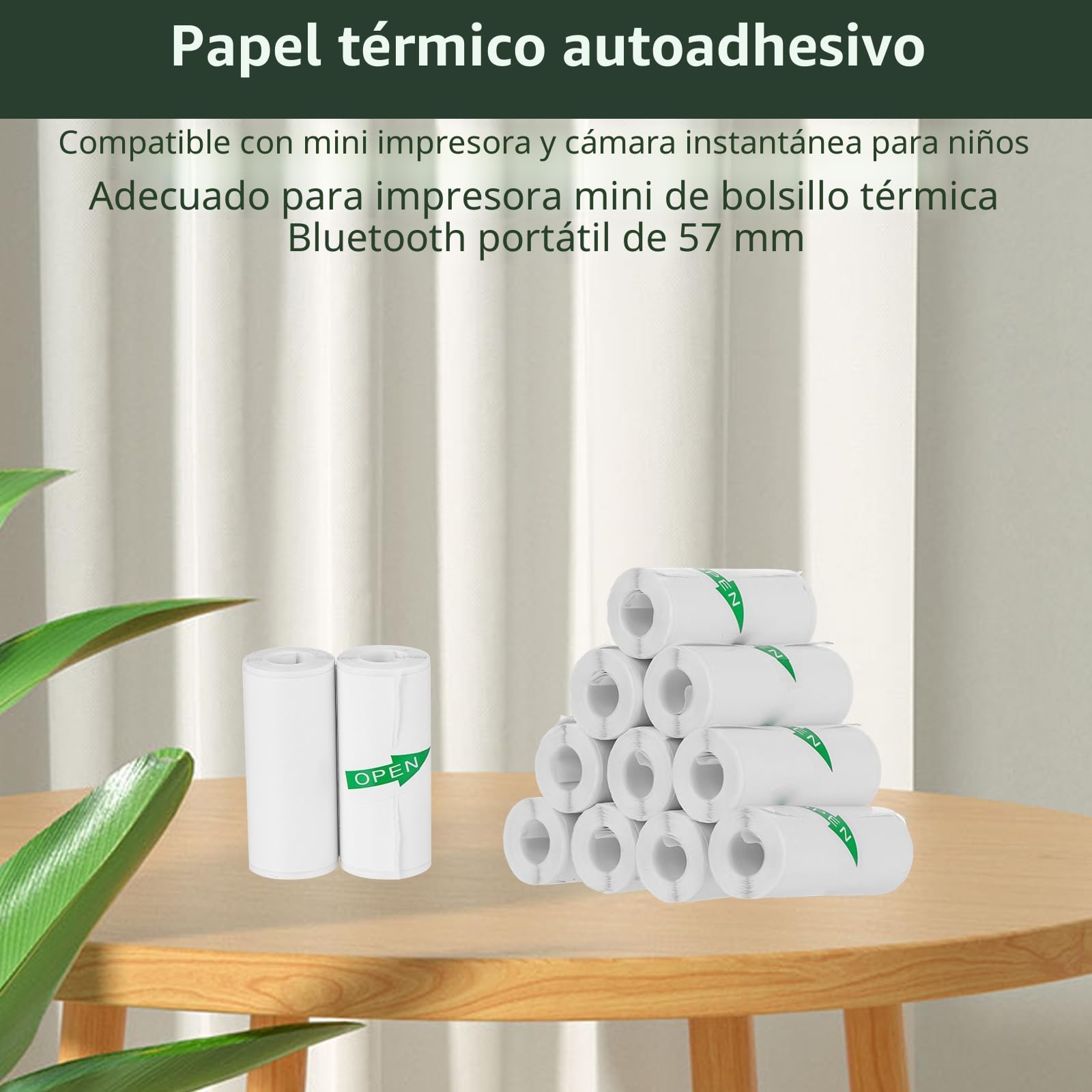 Pack de 10 Rollos de Papel Adesivo para Mini Impresora, Papel Termico para Cámara, Rollo para Impresora Térmica, Fácil de Reemplazar, Compatible con la mayoría de las cámaras de impresión.