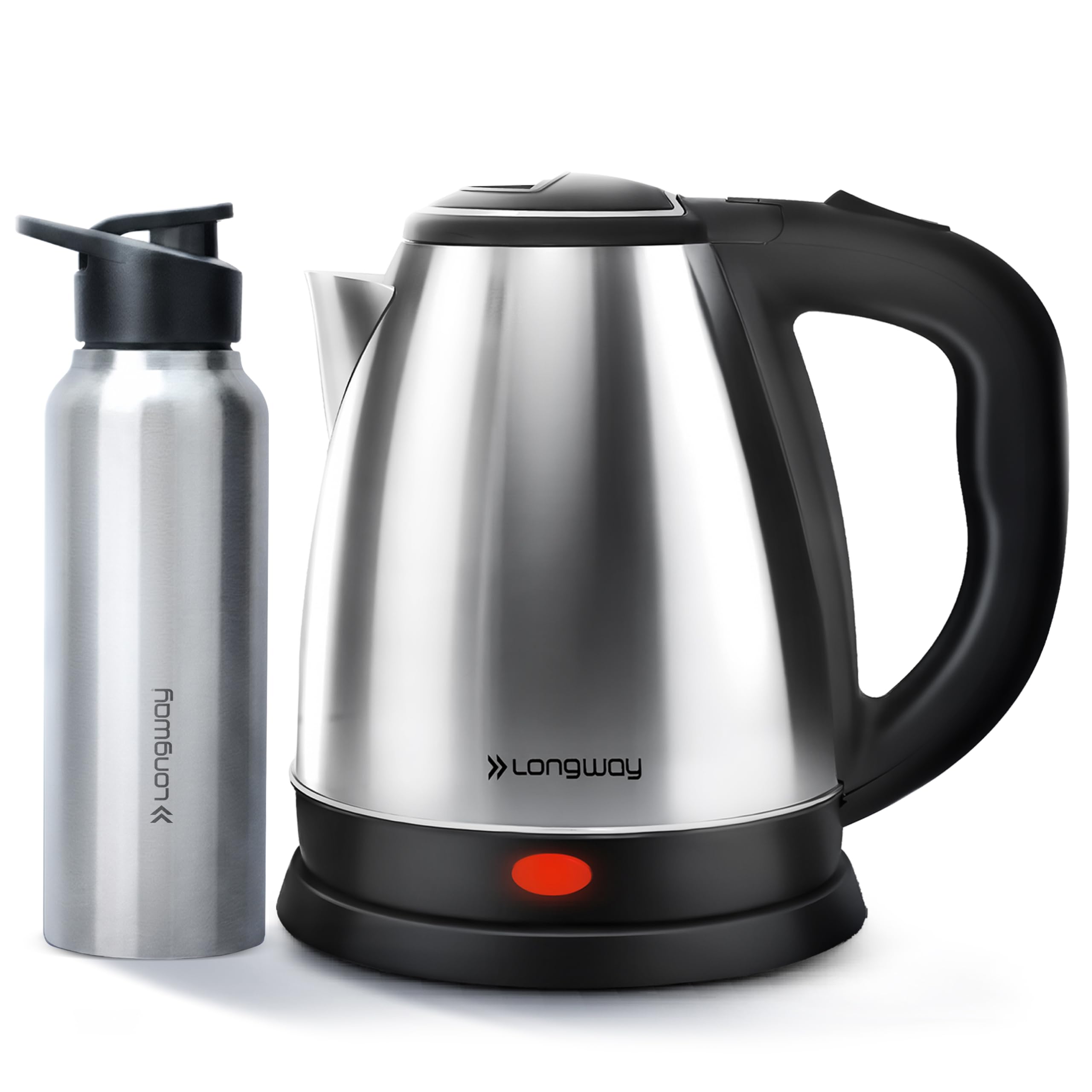 Longway Kestro 2 Ltr Electric Kettle with Water Bottle Combo | Automatic Shut-Off | Durable Stainless Steel Body For Boiling | 2 Years Warranty (Silver Black, 1500W)