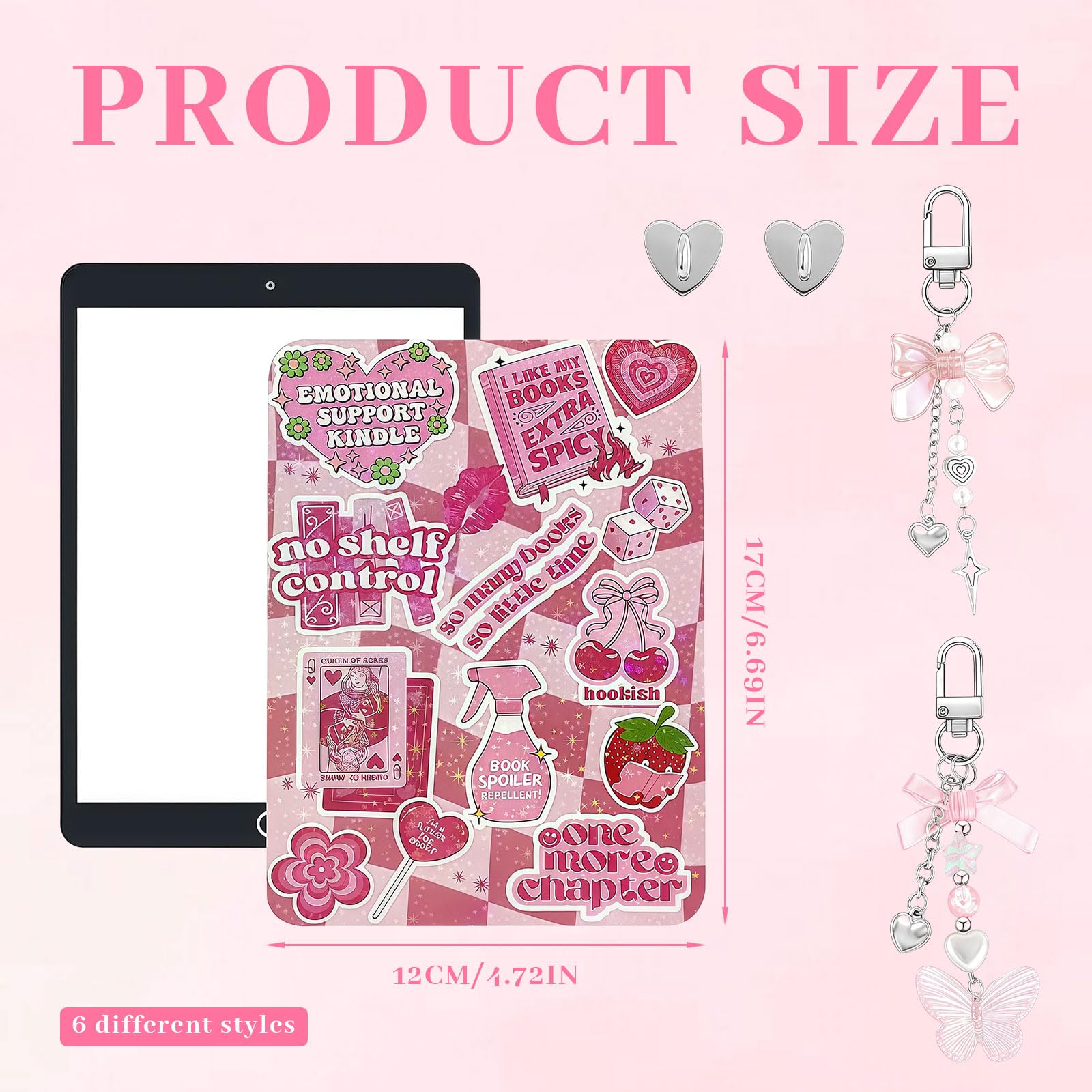 6Pcs Inserts Cardstock For Kindle Paperwhite Clear Case 2Pcs E-Reader Phone Charm Bracelets Decor For Women Reader Booklovers Pink Theme Inserts Valentine Gifts For Kindle 11-12Th Generation — view 2