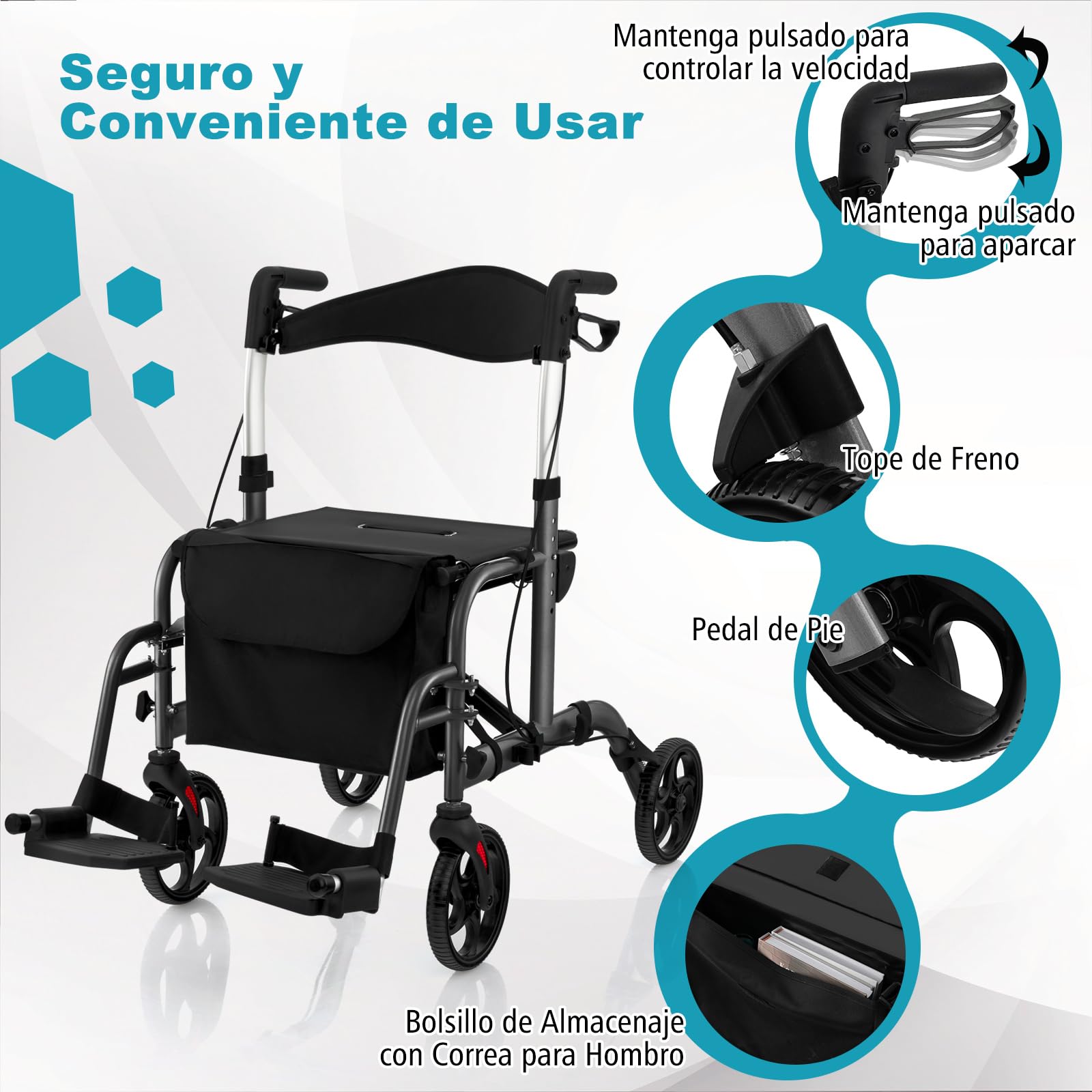 COSTWAY 2 en 1 Andador para Ancianos con Asiento, Andador Rollator Multiusos con Alturas Ajustables de 6 Niveles, Soporte para Bastón/Paraguas, Andador Plegable para Personas Mayores (Negro)