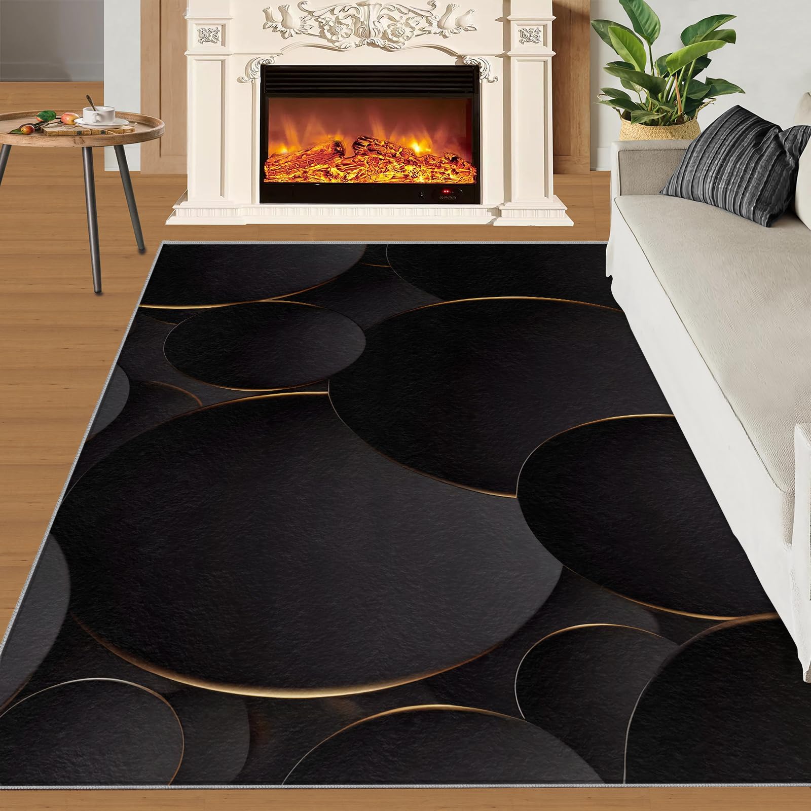 Tapis de sol 70 x 140 cm, motif géométrique noir nordique, lignes circulaires simples en relief doré pour salon, chambre à coucher, balcon, planchers en bois dur