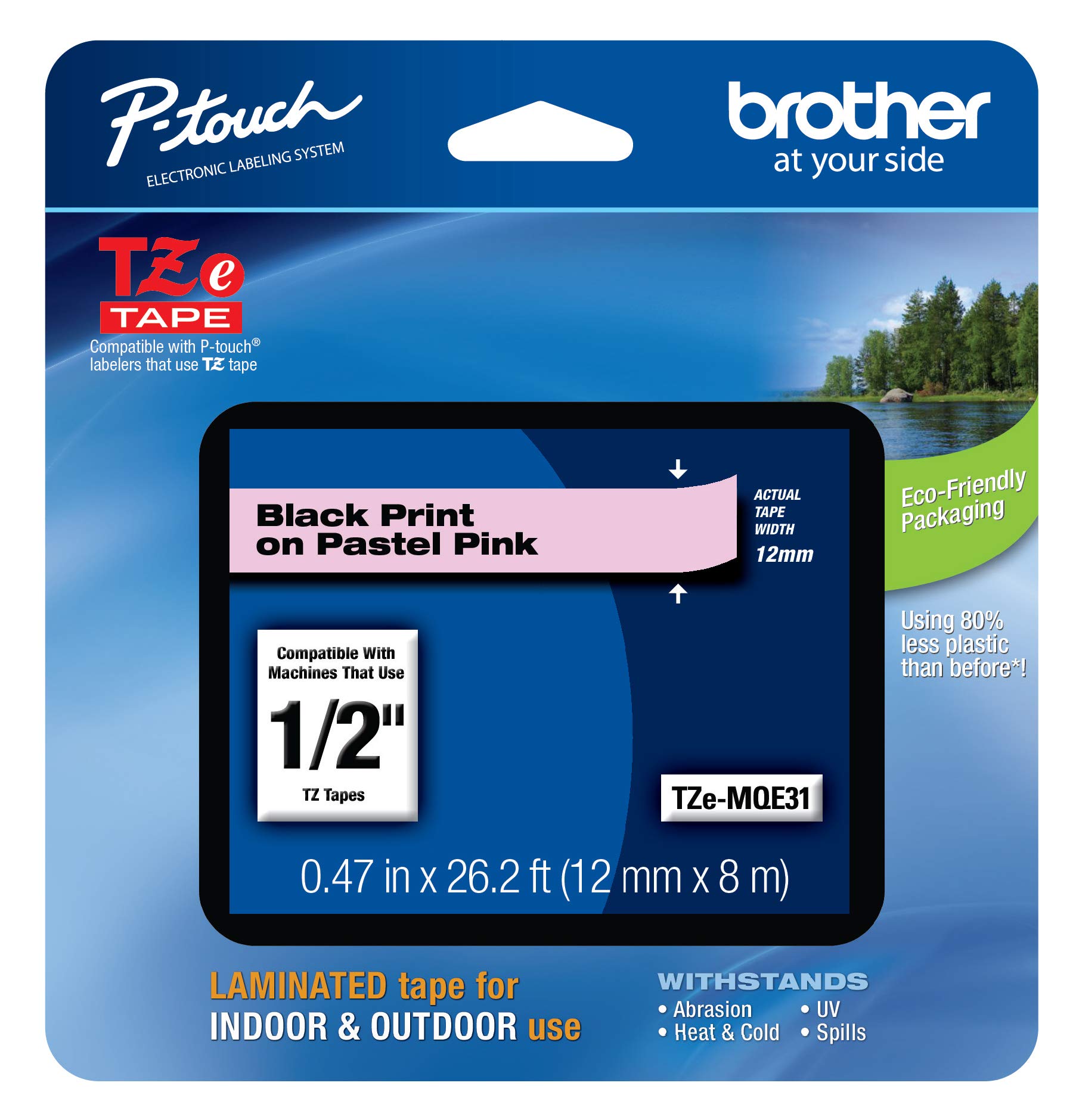 Photo 1 of Brother Genuine P-touch TZE-MQF31 Tape, 1/2" (0.47") Wide Standard Laminated Tape, Black on Pastel Purple, Laminated for Indoor or Outdoor Use, Water-Resistant, 0.47" x 26.2' (12mm x 8M), TZEMQF34 Black on Pastel Pink 12mm x 8m Tape