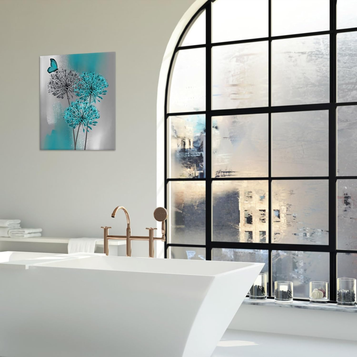 LB Dandelion Canvas Wall Art Teal Grey Dandelion with Butterfly on Abstract Background Wall Art Plant Wall Decor for Living Room Bedroom Bathroom Office Home Framed Ready to Hang 24L x 16W Inch