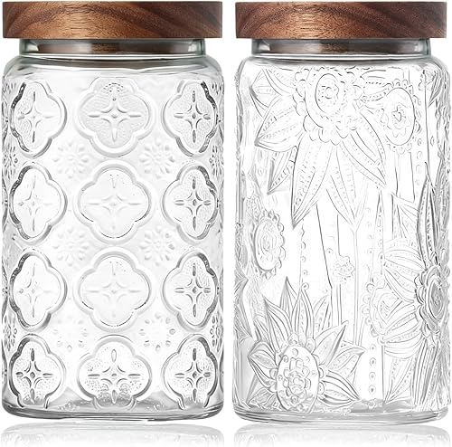 Tarros de vidrio vintage con tapas de madera, recipiente hermético de almacenamiento de 34 onzas para cocina, despensa, baño, recipientes Girasol y