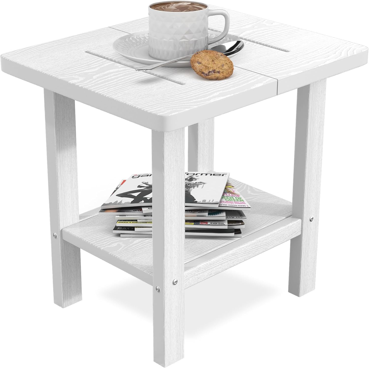 PLUUV Outdoor Side Table, 2-Tier Storage Patio Side Table, All Weather HDPE Adirondack End Table Outdoor for Patio, Garden, Balcony & Living Room, White