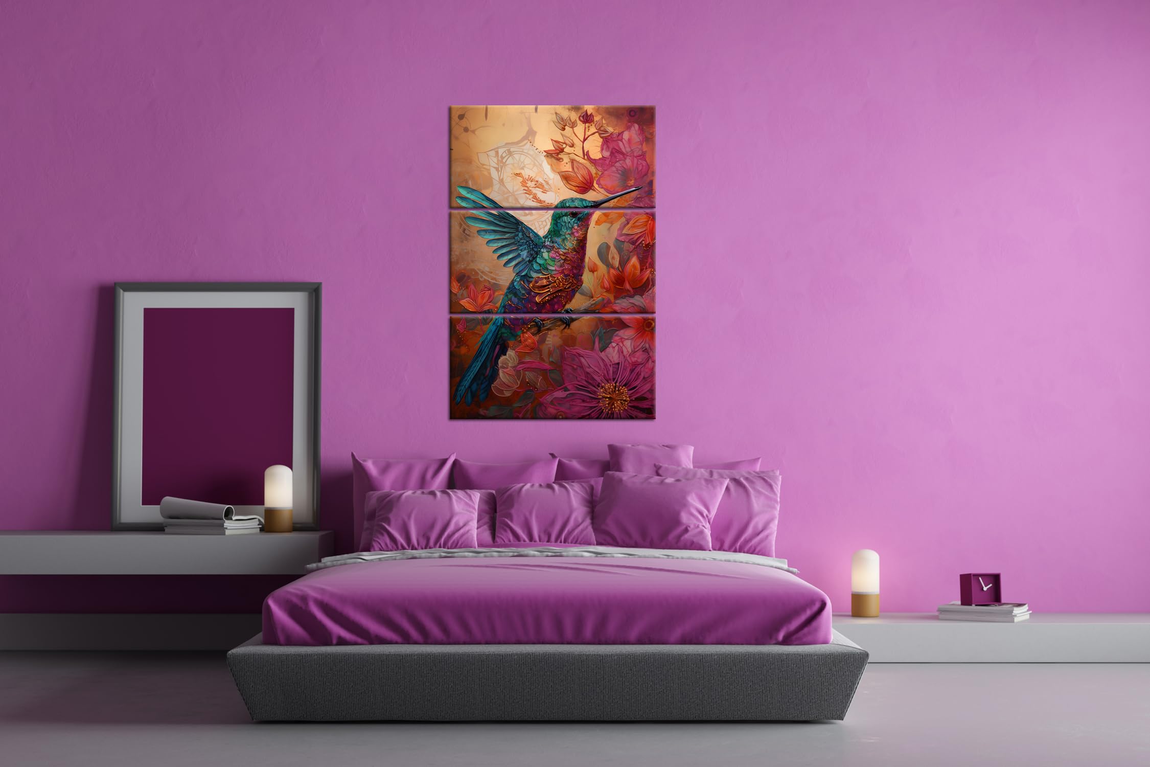 deyoli Colibri aux couleurs irisées, encadré par la magie des fleurs, format : 120 x 80 cm (3 pièces) Impression d'art XXL sur cadre en bois / toile / décoration murale / décoration de salon