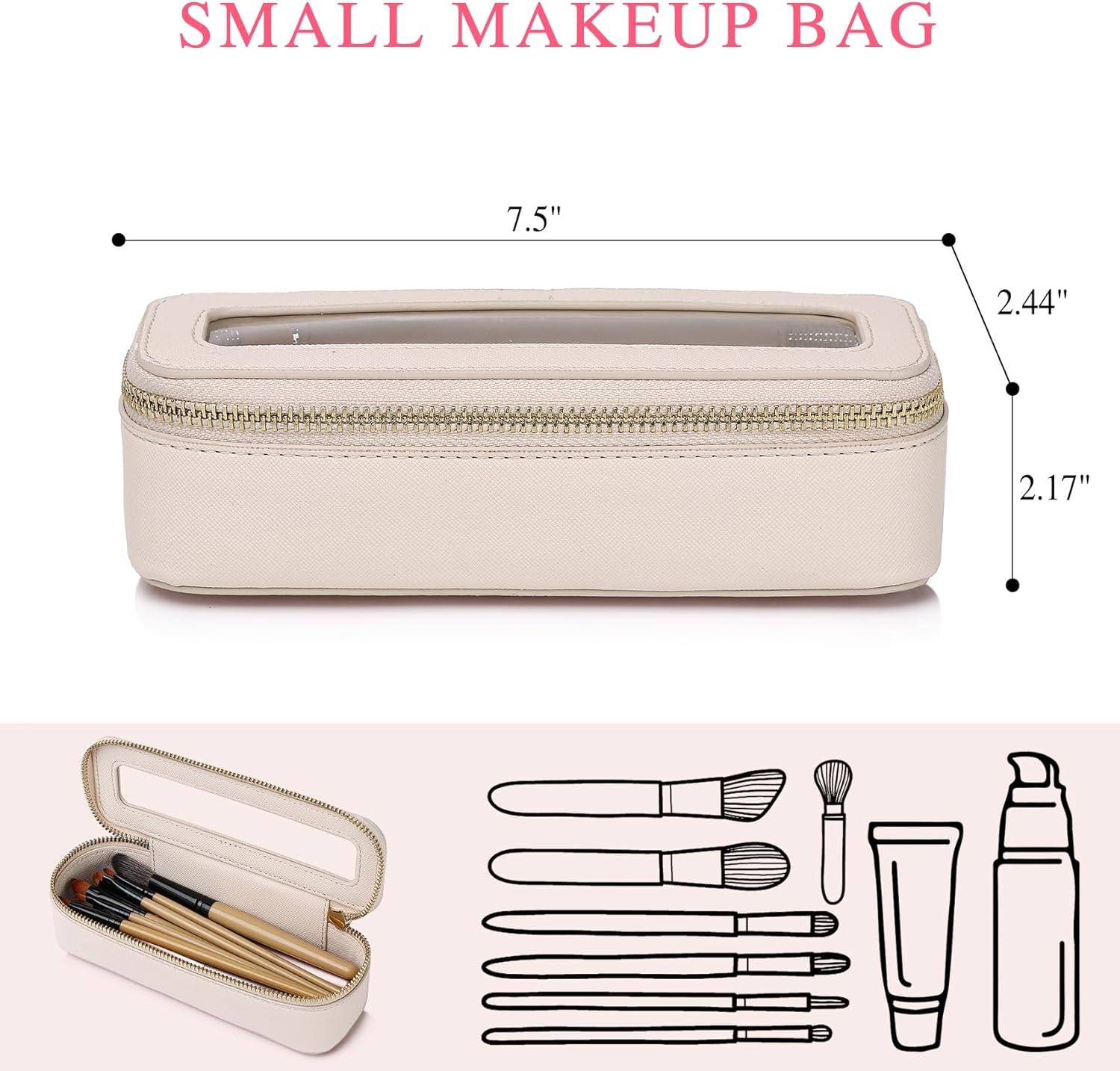 Clear Travel Makeup Bag with Brush Case Portable Transparent Cosmetic Bag and Toiletry Bag Waterproof Makeup Organizer with Zipper Car Essential for Women (Beige, M+Slim) - Image 2