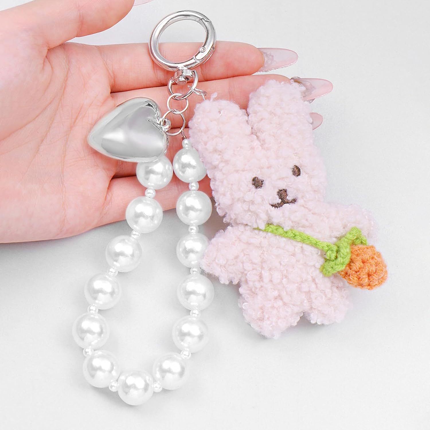 Cute Bunny Plush Keychain for Backpack, Kawaii Rabbit Pearl Heart Bag Purse Charms Car Keyring Handbag Decorations image 4