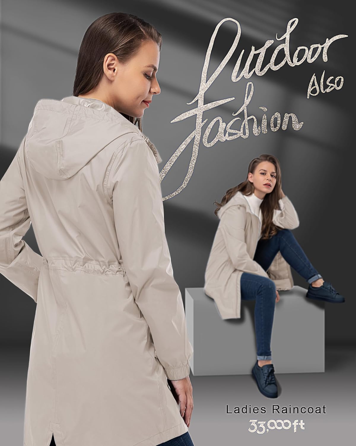 33,000ft Women's Waterproof Long Rain Coats Packable Rain Jacket with Hood Trench Coats Windbreaker - Image 2