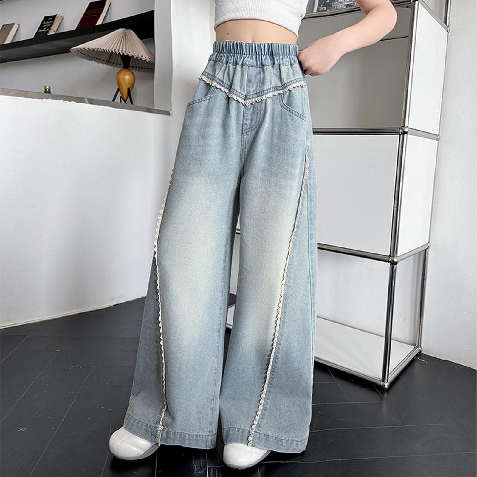Generico Pantaloni Bianchi Bambino-Pantalones Vaqueros de pierna ancha para Niñas, Moda de Verano, informales, de Cintura Alta, acampanados, Estilo bohemio, con ribete de Encaje