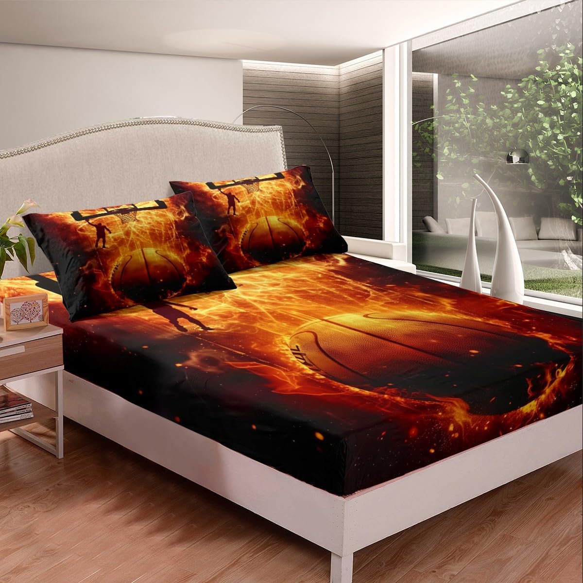 Basketball Fitted Sheet Queen Size 3 Pcs,Orange Yellow 3D Flame Lines Print Bedding Set for Kids Boys Teens Adults,Basketball Hoop Sports Player Silhouette Bed Cover with 2 Pillowcases(No Top Sheet)