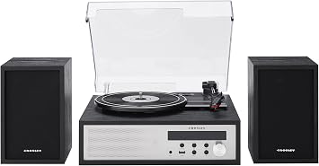 Crosley CR7022A-BK Sloane 3-Speed Bluetooth Turntable and FM Radio Shelf System with Matching Stereo Speakers, Black